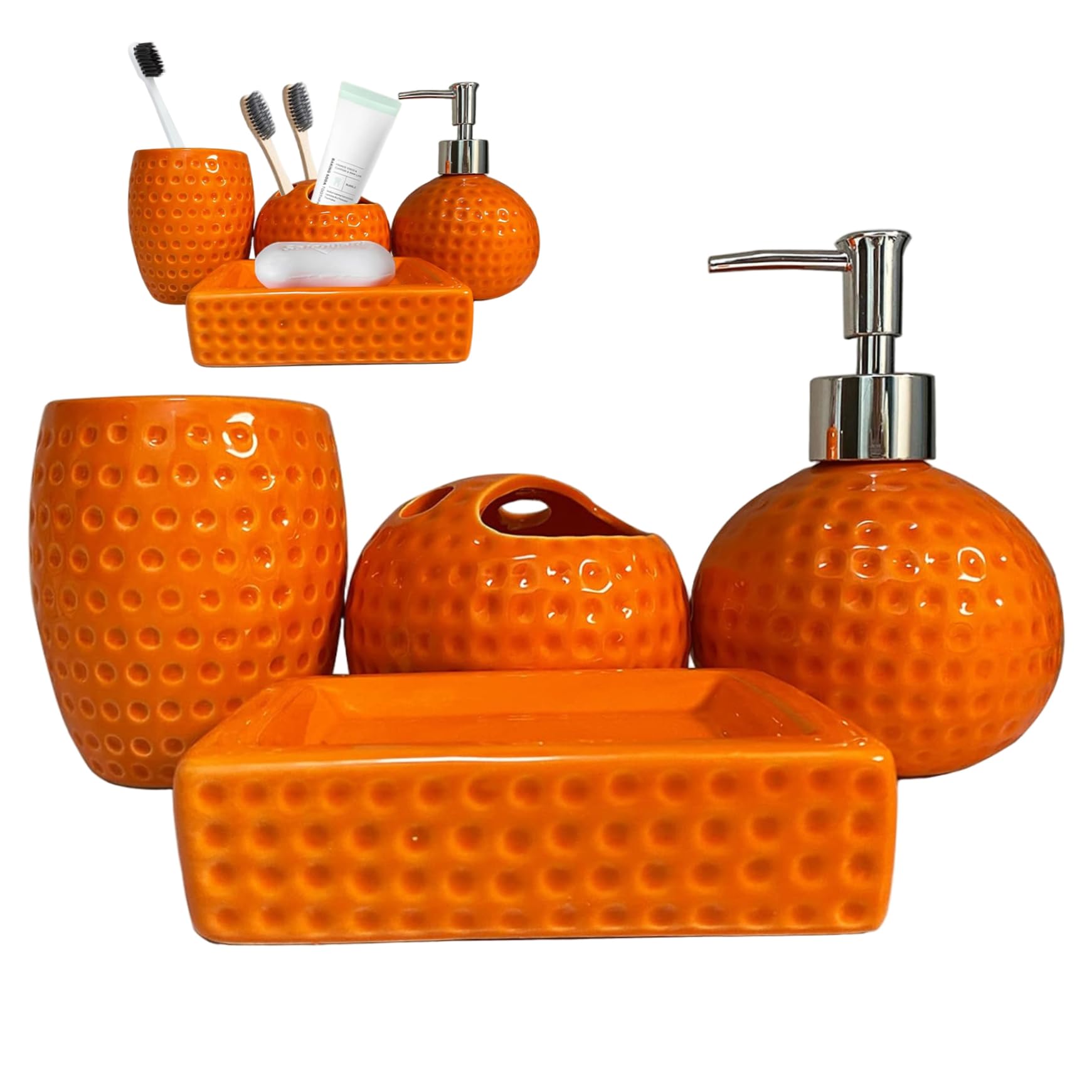 4Pcs Orange Bathroom Set, Ceramic Orange Bathroom Accessories Includes Toothbrush Holder, Tumbler, Lotion Dispenser, Soap Dish for Home Hotel