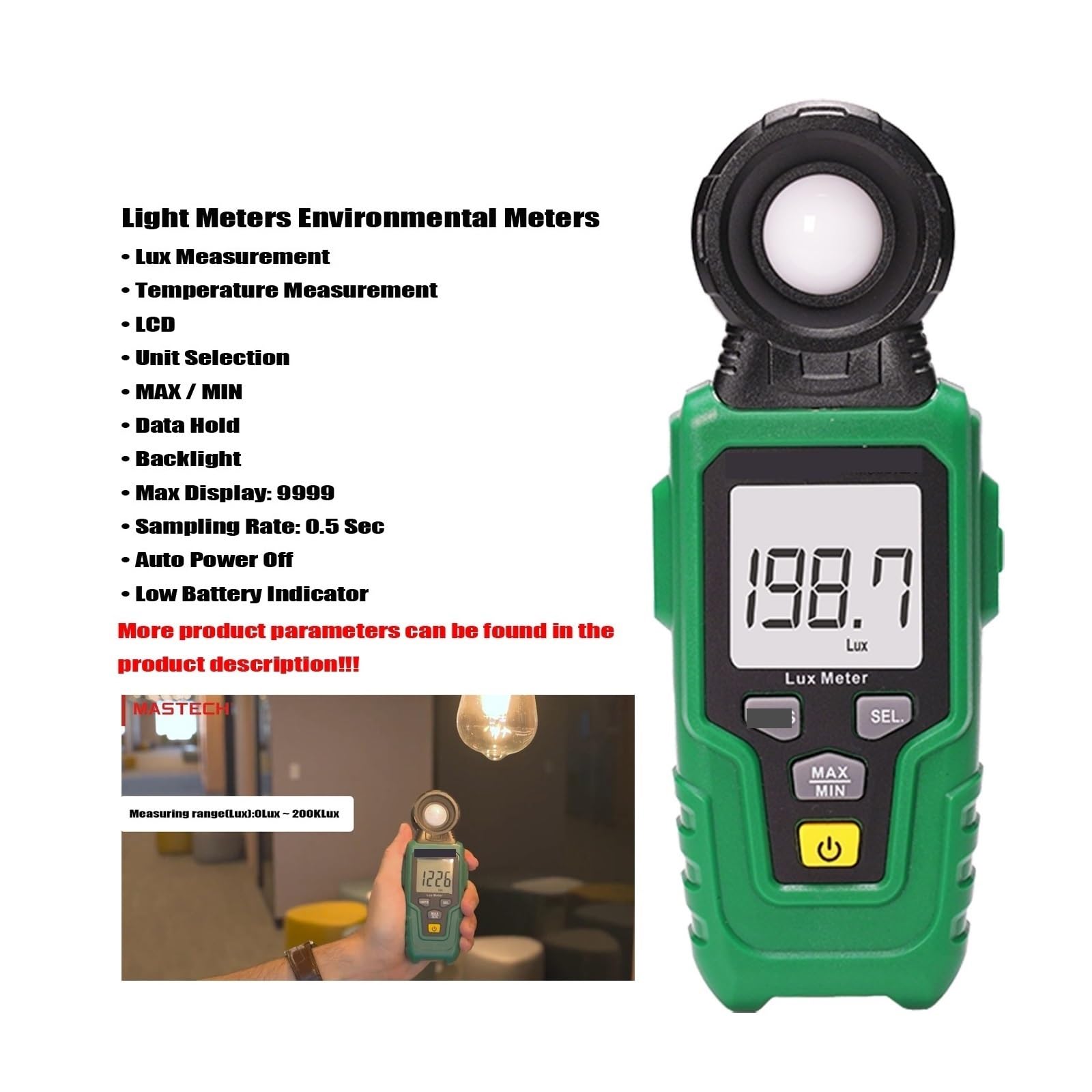 Medidor de luz, Medidores De Luz Medidores Ambientales Medición De Lux, Iluminómetro Profesional MAX/MIN/Retención De Datos/LCD.,para jardín interior y fotografía.