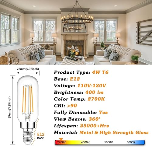 Miniatura 10 de Bombillas LED E12 equivalentes a 40 W, bombillas Edison regulables de 4 W, bombillas LED T6 blancas de luz diurna de 5000 K para lámpara de techo de