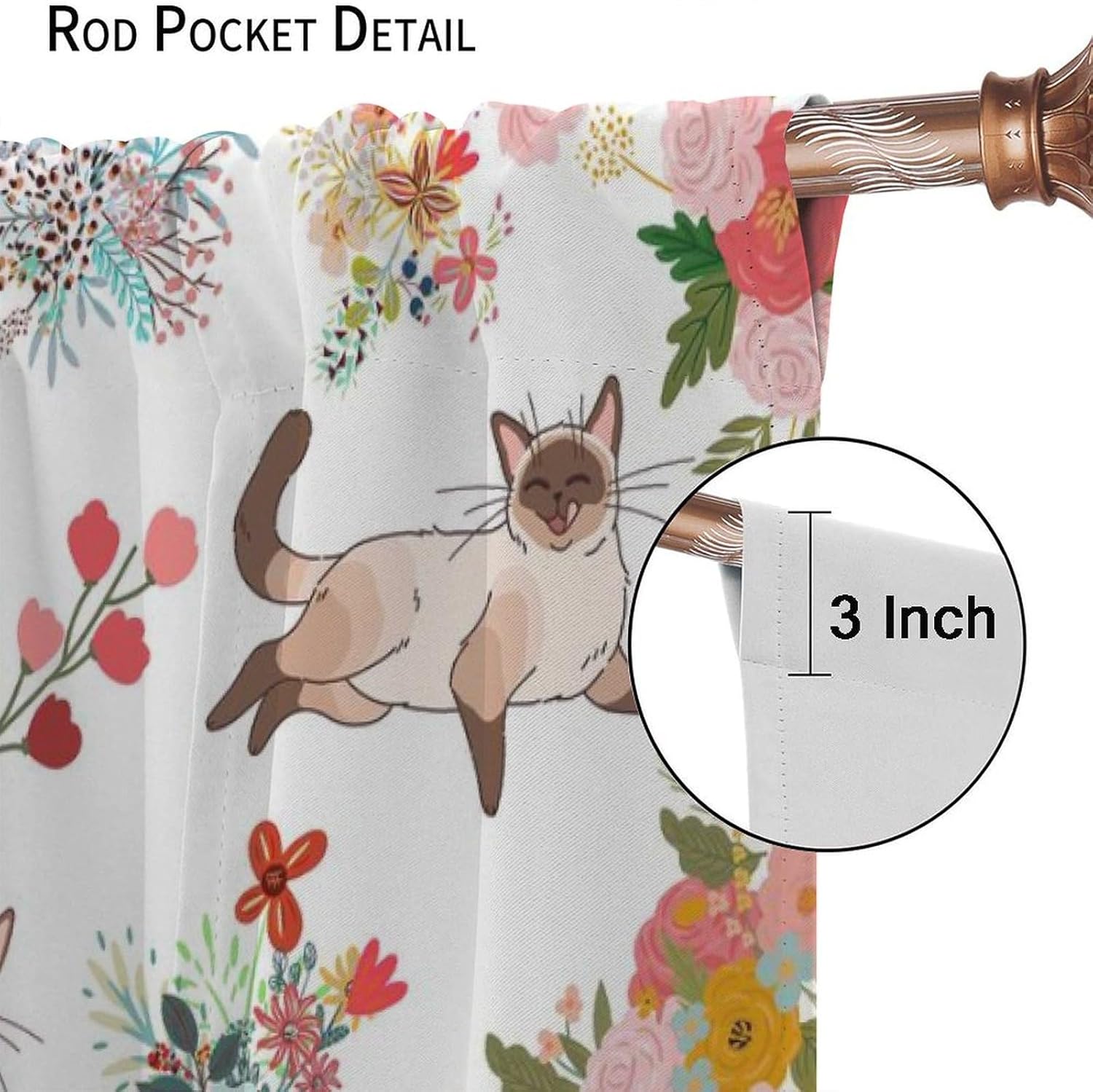 Cute Cat Curtains Funny Kitty Floral Art Printed Blackout Window Treatment for Girls Kids Cat Lovers Bedroom Living Room Decor Fabric Set 2 Panel 63x63 Inch 80% Shading Rate