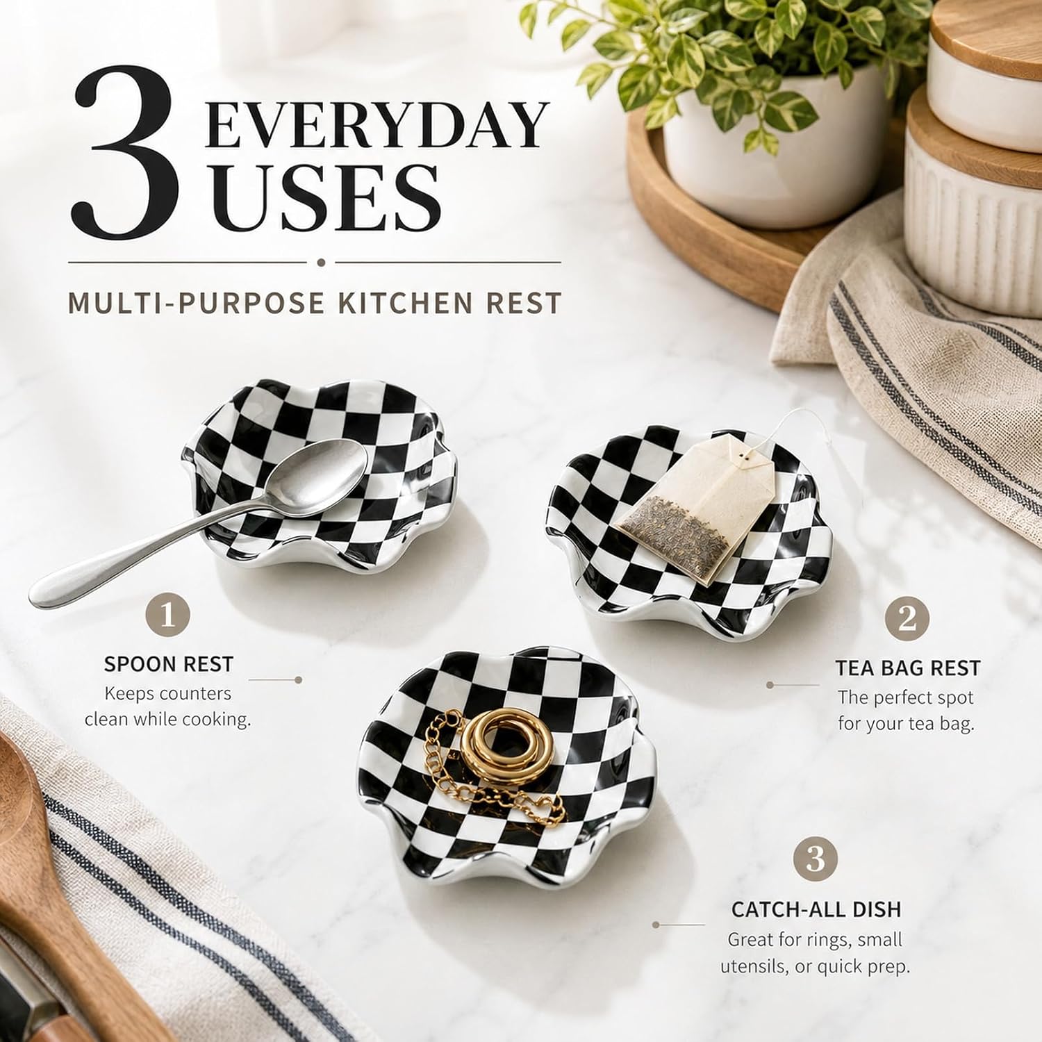 Ceramic Flower Shaped Spoon Holder, 5.2 Inch Black and White Checkered Kitchen Utensil Rest, Countertop Storage Organizer for Stove & Coffee Table, Essential Cooking Accessory