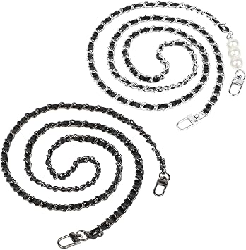 2 PCS Purse Chain Strap, Leather Iron Flat Chain Strap Handbag Chains Purse Straps Replacement Strap Crossbody Bag Straps Purse Accessories, Black Grey and Black Silver Pearl