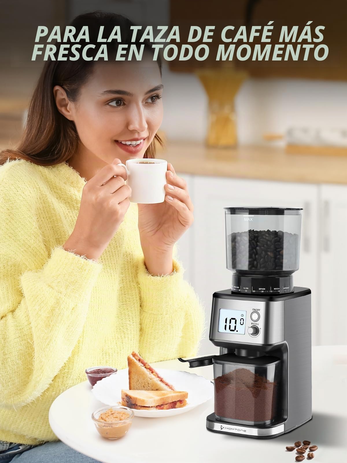 Homtone Molinillo de Café Eléctrico con Muela Cónica - Molino de Café con 51 Niveles de Molienda, Soporte Extraíble, Recipiente Incluido – Para Espresso, Café de Filtro, Cold Brew (Acciaio Inox)