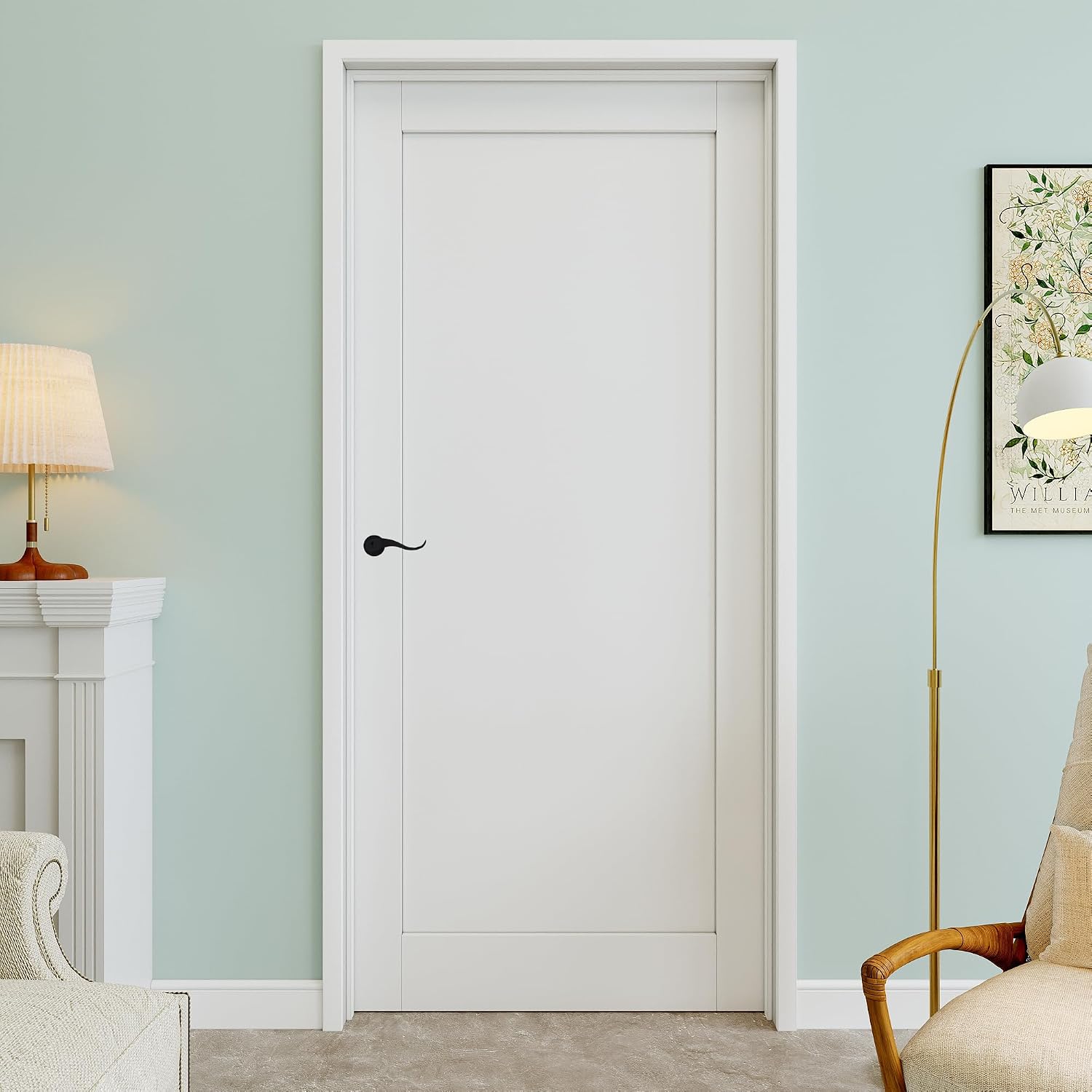 32" x 96" Full Panel Interior Prehung Door with Curve Lever and Black Hinges, Solid Core Door Slab, Paintable & Waterproof, Laundry, Closet Doors, Room Doors, Left Hand