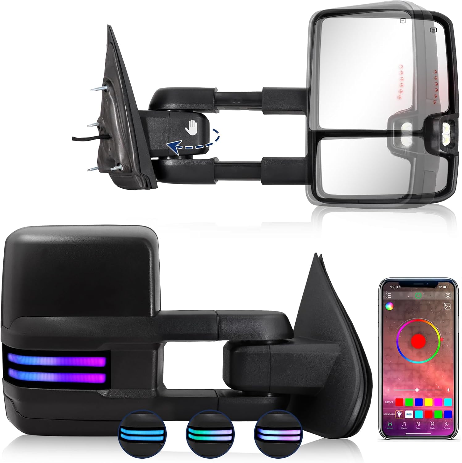 RGB Switchback Towing Mirror Compatible with 2014-2018 Chevy Silverado GMC Sierra Tow Mirrors with Power Adjusted Heated Glass Running Light&Turn Signal Light Backup Lamp (Textured Black)