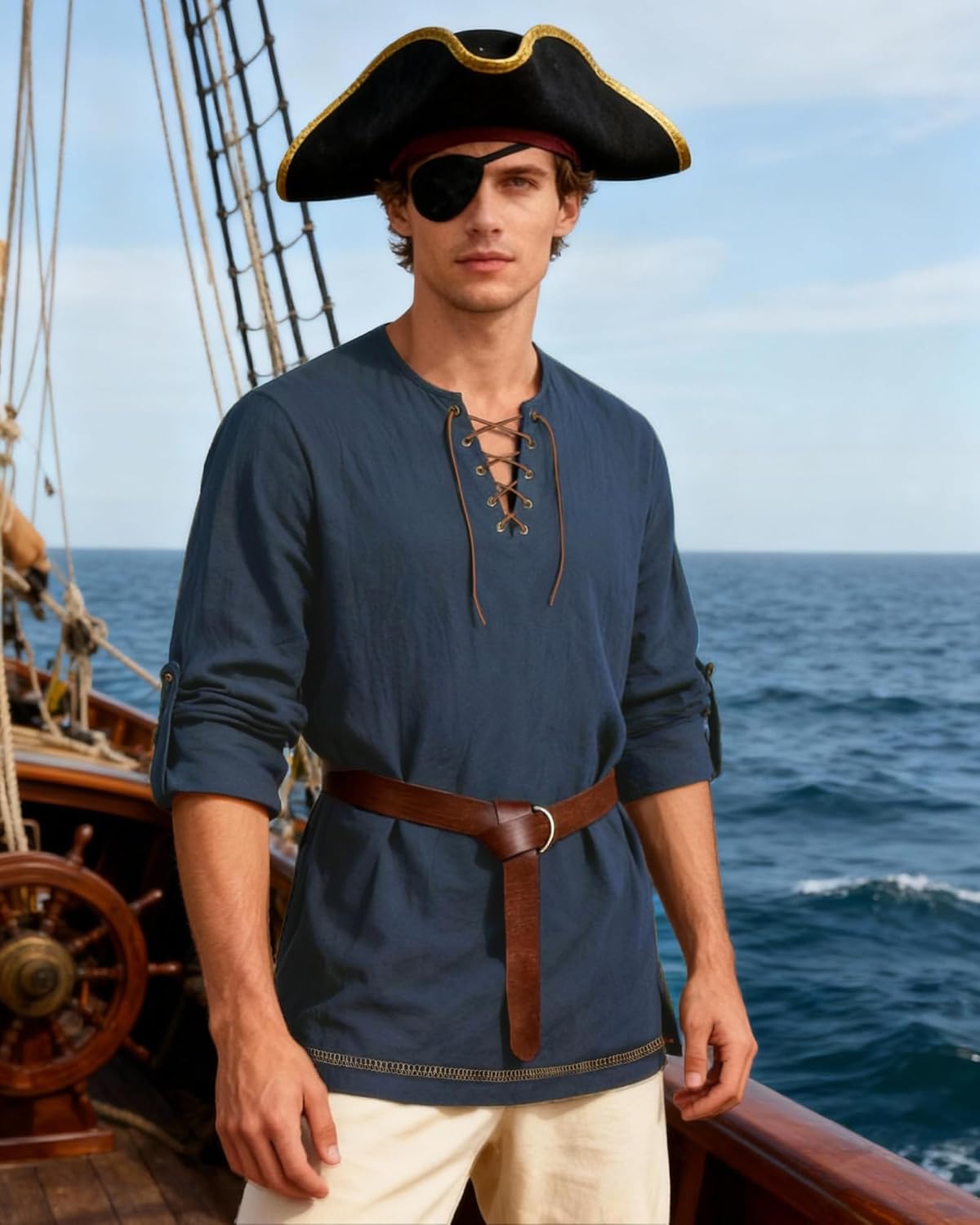 Mens Pirate Shirt Cotton Linen Long Sleeve Lace Up Renaissance Shirt Medieval Costume Men with Belt for Halloween - Image 6