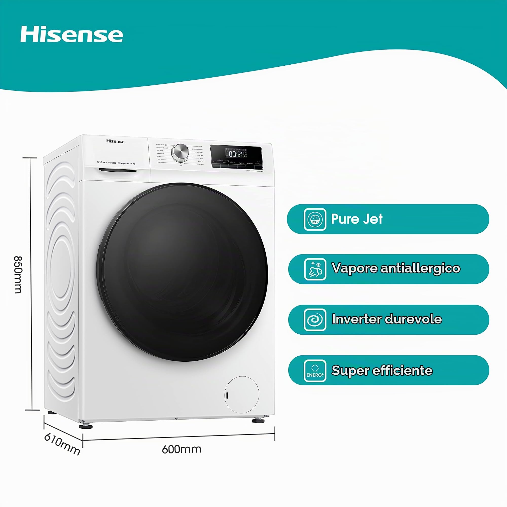Hisense WFQA1014EVJM Lavatrice con funzione vapore/10 kg/AquaStop /1400 giri/min /15 programmi/Inverter PowerDrive Motor/Tamburo in acciaio inox/Sicurezza bambini/Pulizia del tamburo/Bianco