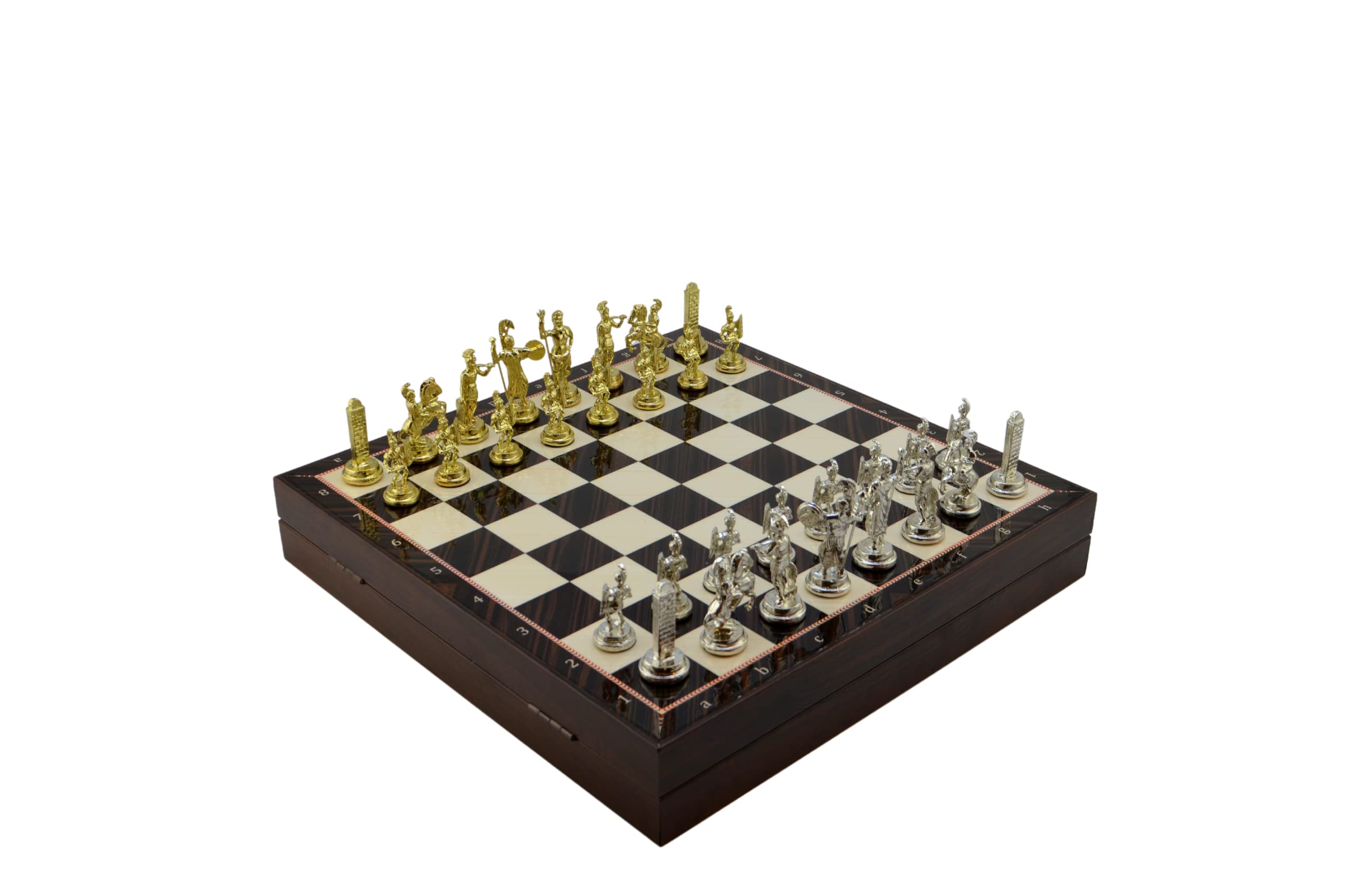 GiftHome Orta Boy Metal Yunan Satranç Takımı Parlak ve Ceviz Desenli Sandıklı MDF Tahtası (36x36x6 cm.)