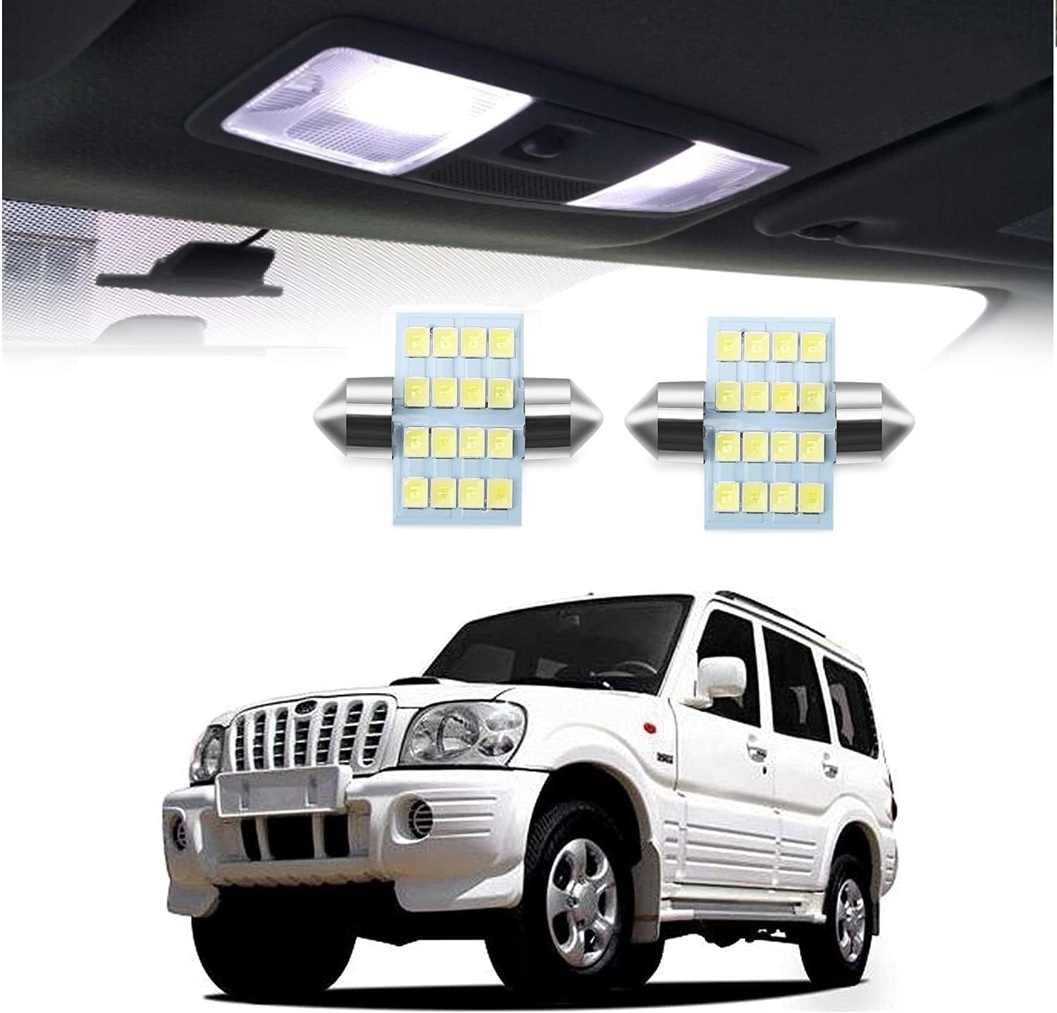 BKN® LED Car Bulb 31mm 3528 16 Leds Smd Dome Map Interior Light Lamp 12v (White, 2pcs)