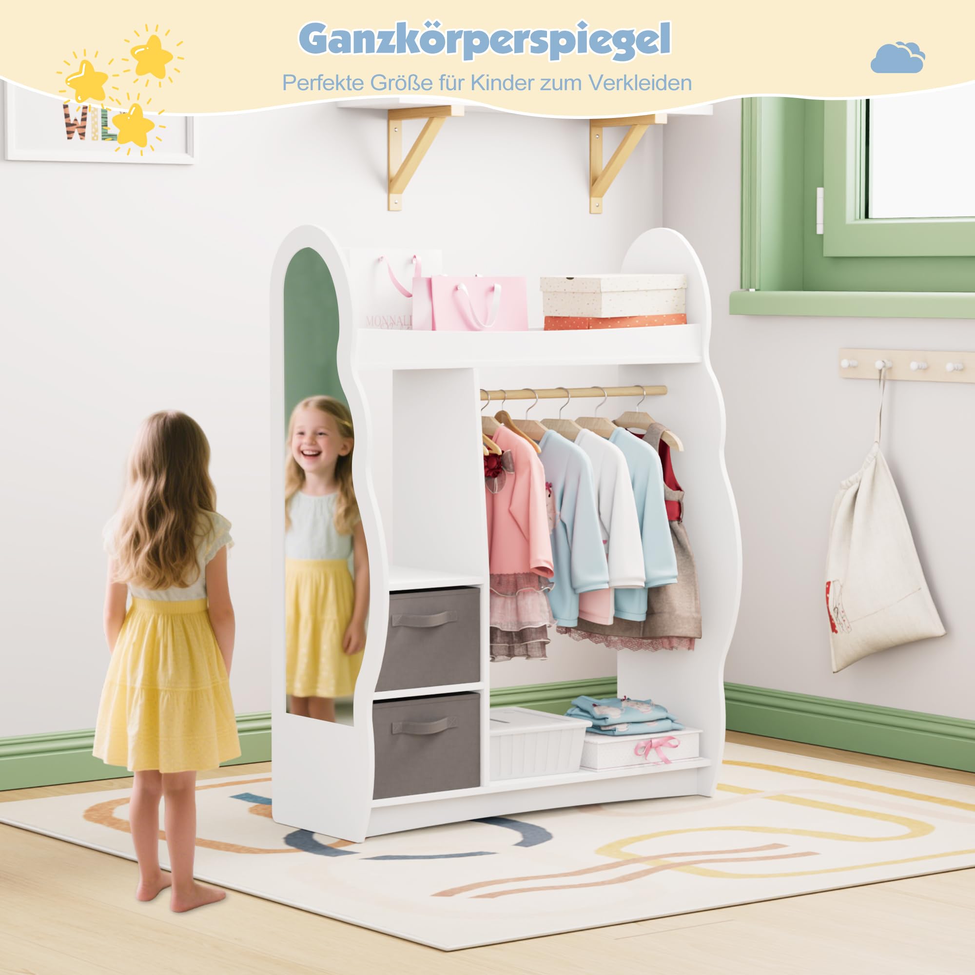 KEEPREAPER Kinder Kleiderschrank Kinderkleiderständer mit Boxen, Kleiderstange, Spiegel und Ablagen, Kindergarderobe aus Holz, Kinderregal 81 x 28 x 106,5 cm (Wolken mit 2 Schubladen, Weiß)