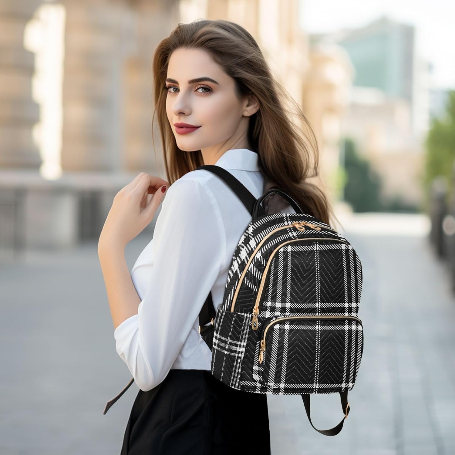 Mini Backpack for Women Black White Plaid Checkered Stripe Small Purse Daypacks Stylish Bags Lightweight Travel Backpacks for College Shopping Work Dating - Image 6