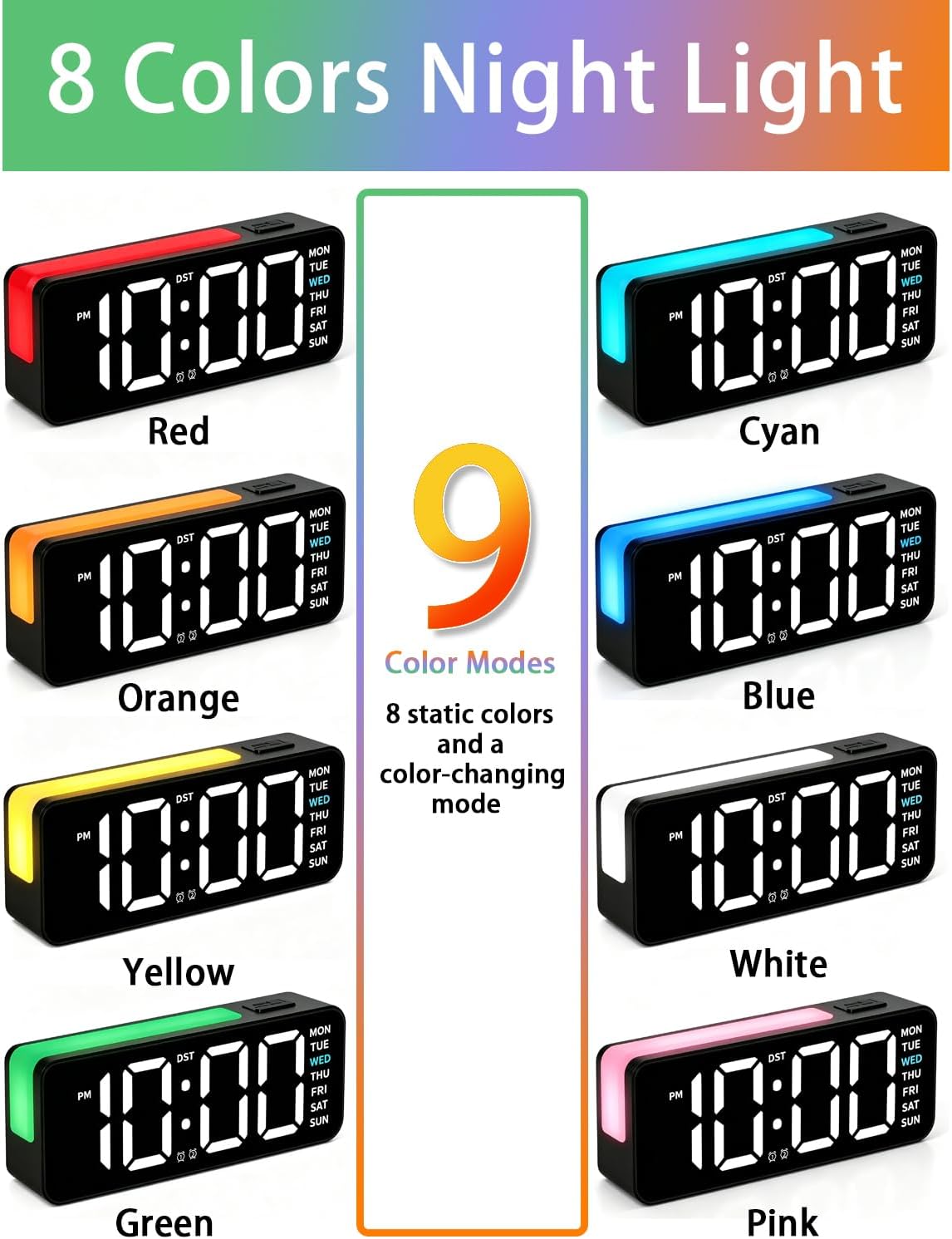 Small Digital Alarm Clock with DST, 6" Plug-in Digital Bedside Clock with Variable Color Night Light, Electric Clock Large Big Numbers Display with Battery Backup for Bedroom Desk Table,(Black)