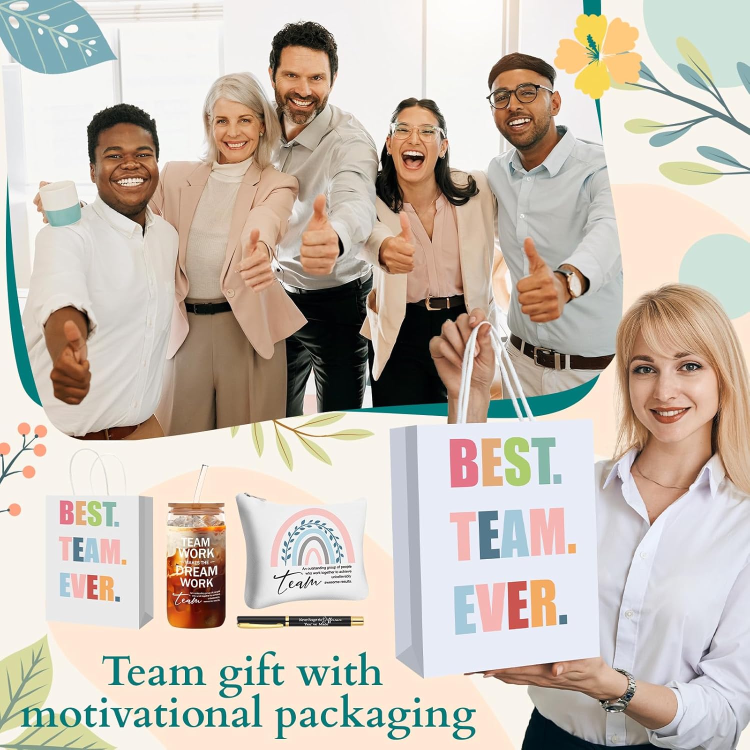 Skylety 6 Set Employee Appreciation Gifts Bulk Team 16 oz Thank You Glass Cups with Lid and Straw Positive Makeup Bag with Inspirational Pen and Gift Bag Set for Coworker Office Staff (Classic)