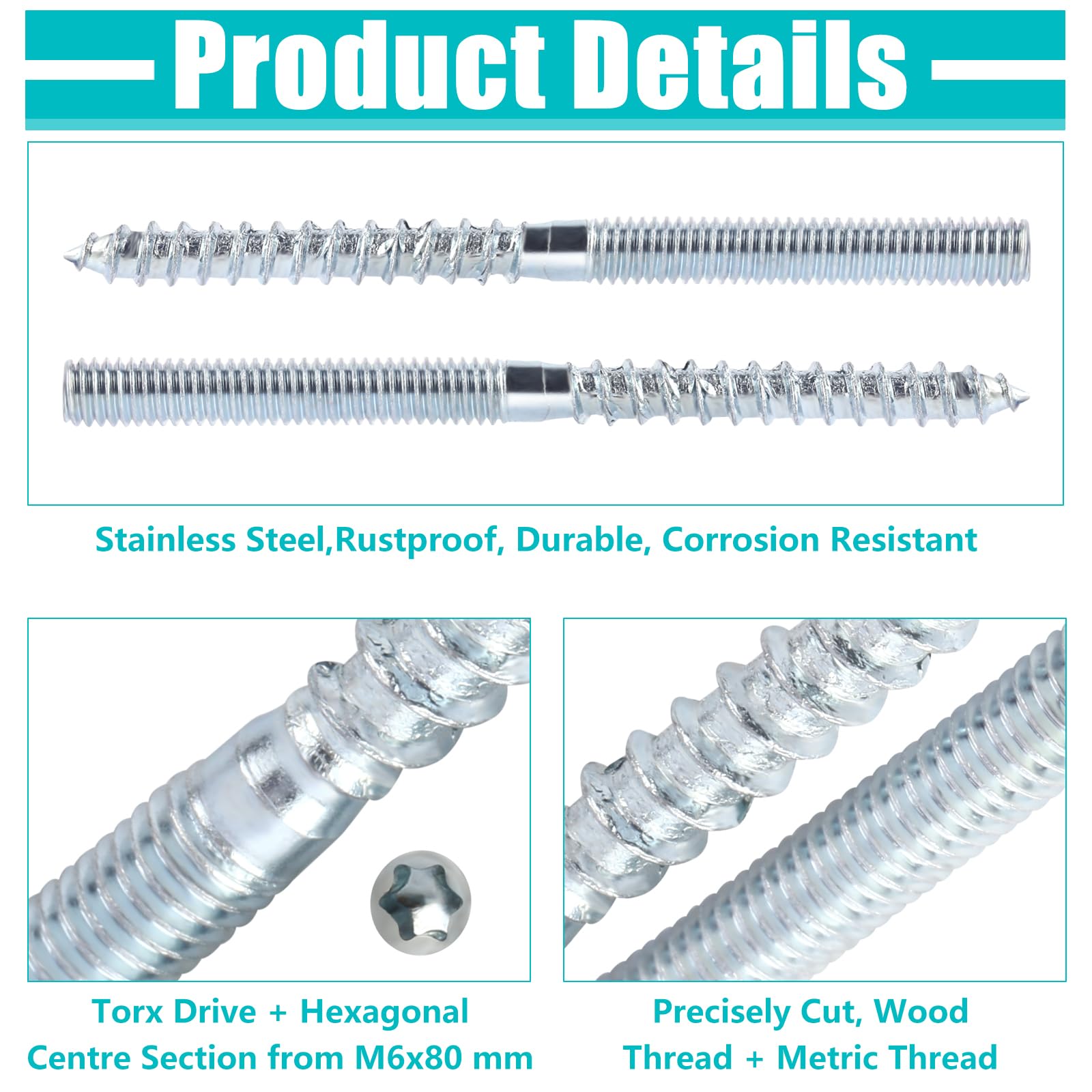 DSM-Verbindungstechnik Viti Prigioniere Con Attacco Torx (TX), In Acciaio Inox A2/V2A, Vite A Doppia Filettatura, Perni A Vite, Vite Per Legno (M6 X 50 Mm, 1 Pezzo - 9