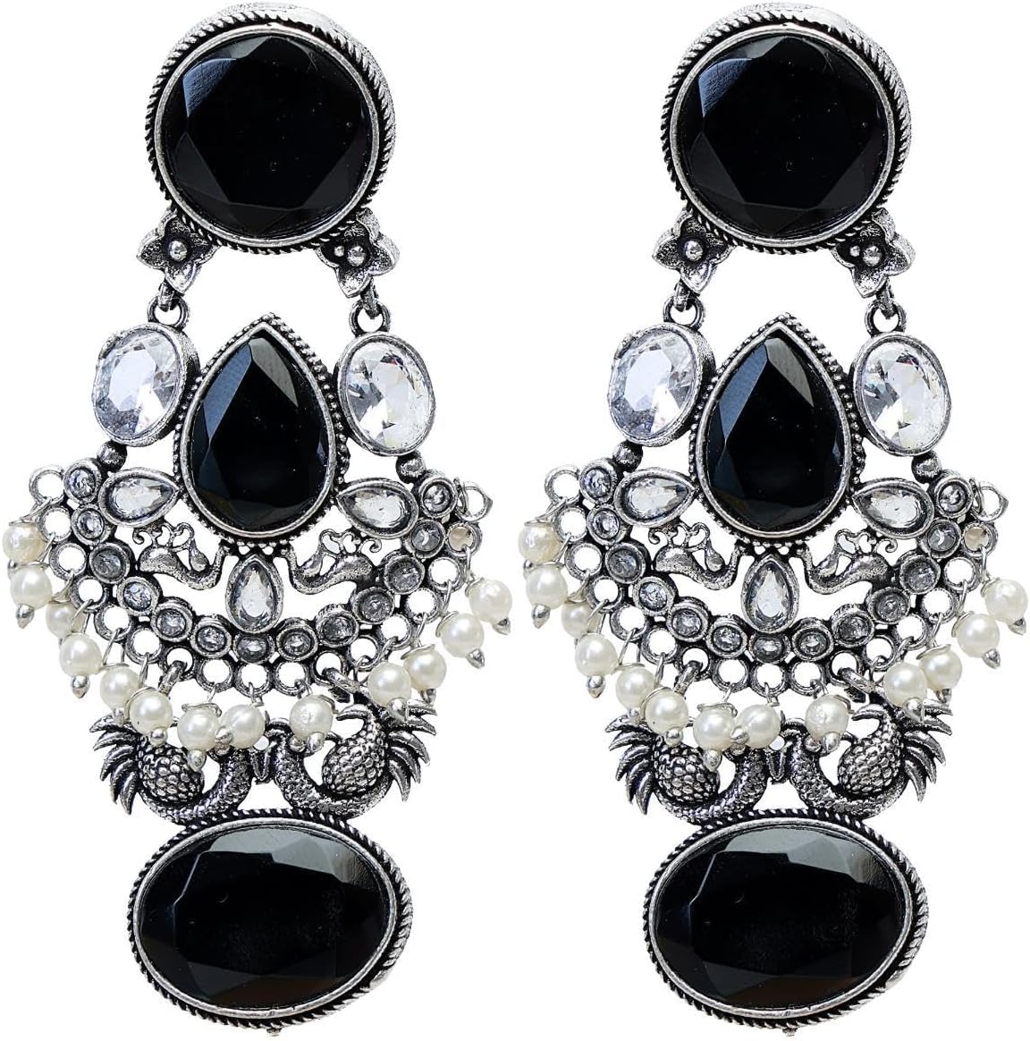 Efulgenz Indian Oxidized Jewelry Antique Boho Oxidized Indian Earrings for Women Faux Pearl Crystal Oxidized Chandelier Jhumka Jhumki Earrings Set Bohemian Statement Earrings Jewelry Set for Women
