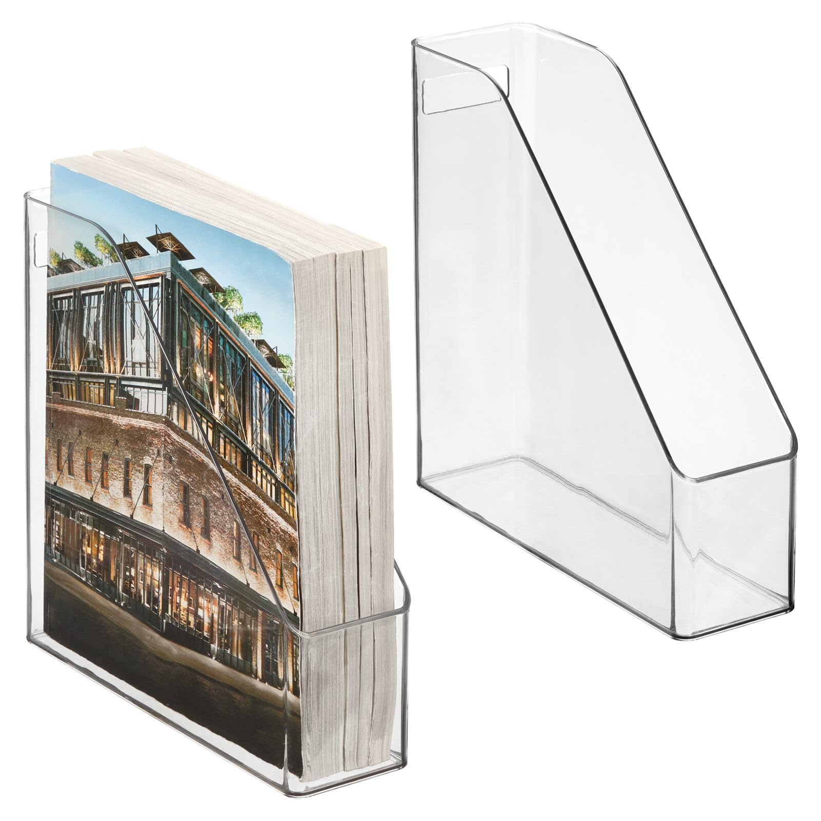 mDesign Plastic Slim Vertical File Folder Storage Organizer Bin with Handle - Hold Notebooks, Binders, Envelopes, Magazines for Home Office, Work Desktops, Ligne Collection, 2 Pack, Clear