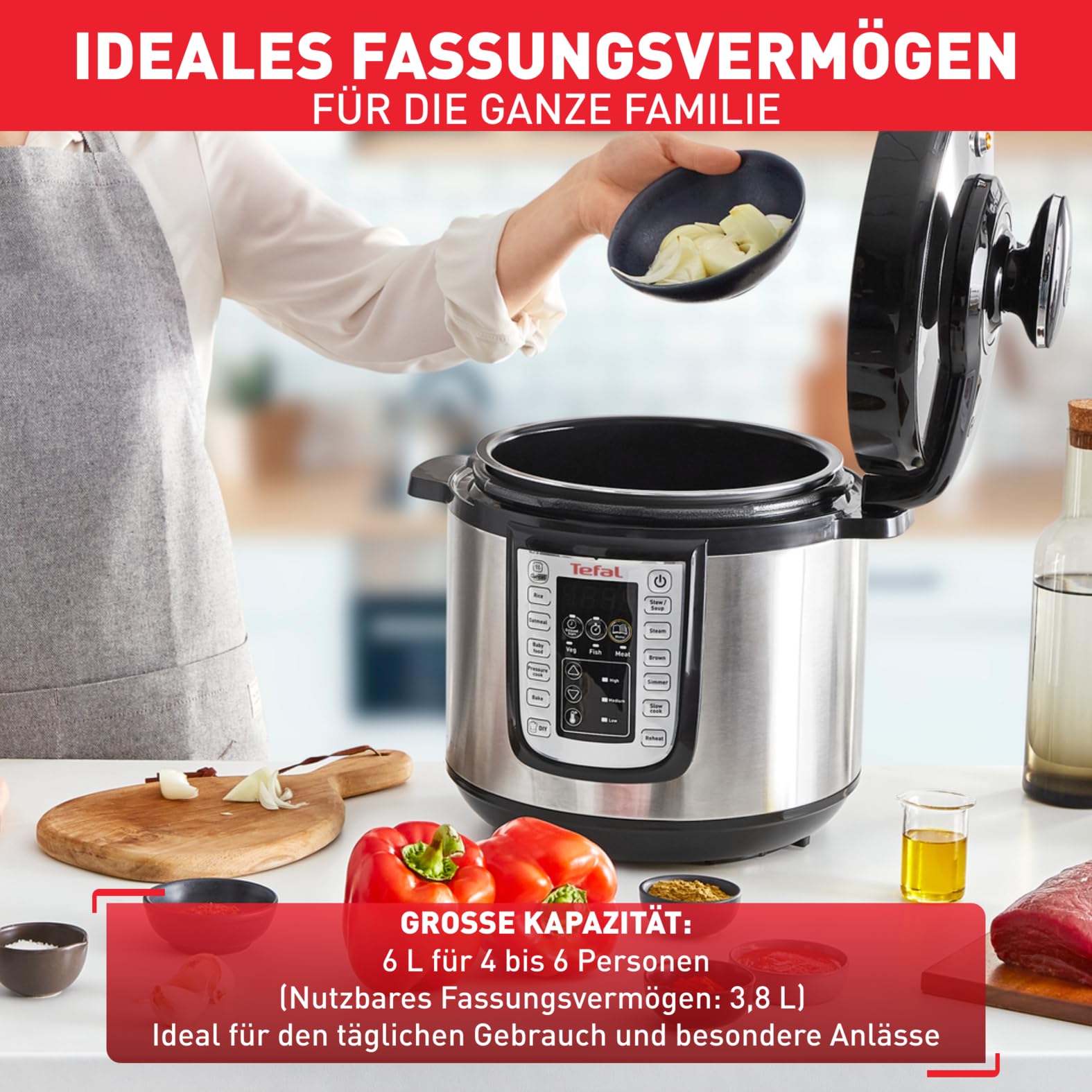 Tefal CY505E Fast & Delicious Multikocher, elektrischer Schnellkochtopf, 6 L Kapazität, 25 Automatische Programme, Bis zu 80% schnelleres Kochen, Energiesparend, Rezeptheft, 1200 W, Edelstahl