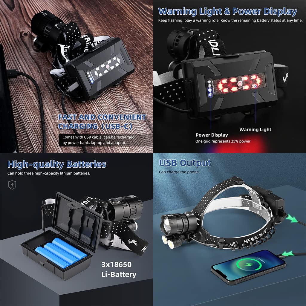 Latarka czołowa ze światłem ostrzegawczym, Akumulator USB z wyświetlaczem mocy Super jasny Latarka czołowa Regulowany kąt Przenośny Nieprzemakalny Reflektor LED do wędkowania na kempingu