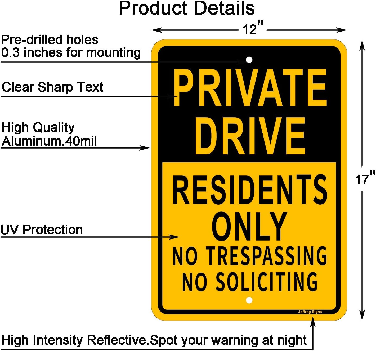 Joffreg Private Drive Sign,No Trespassing No Soliciting Residents Only Sign,17 x 12 inches,Reflective Aluminum,UV Printed,Weather Resistant,Waterproof,Durable Ink,Easy to Mount,Outdoor Use,2 Pack