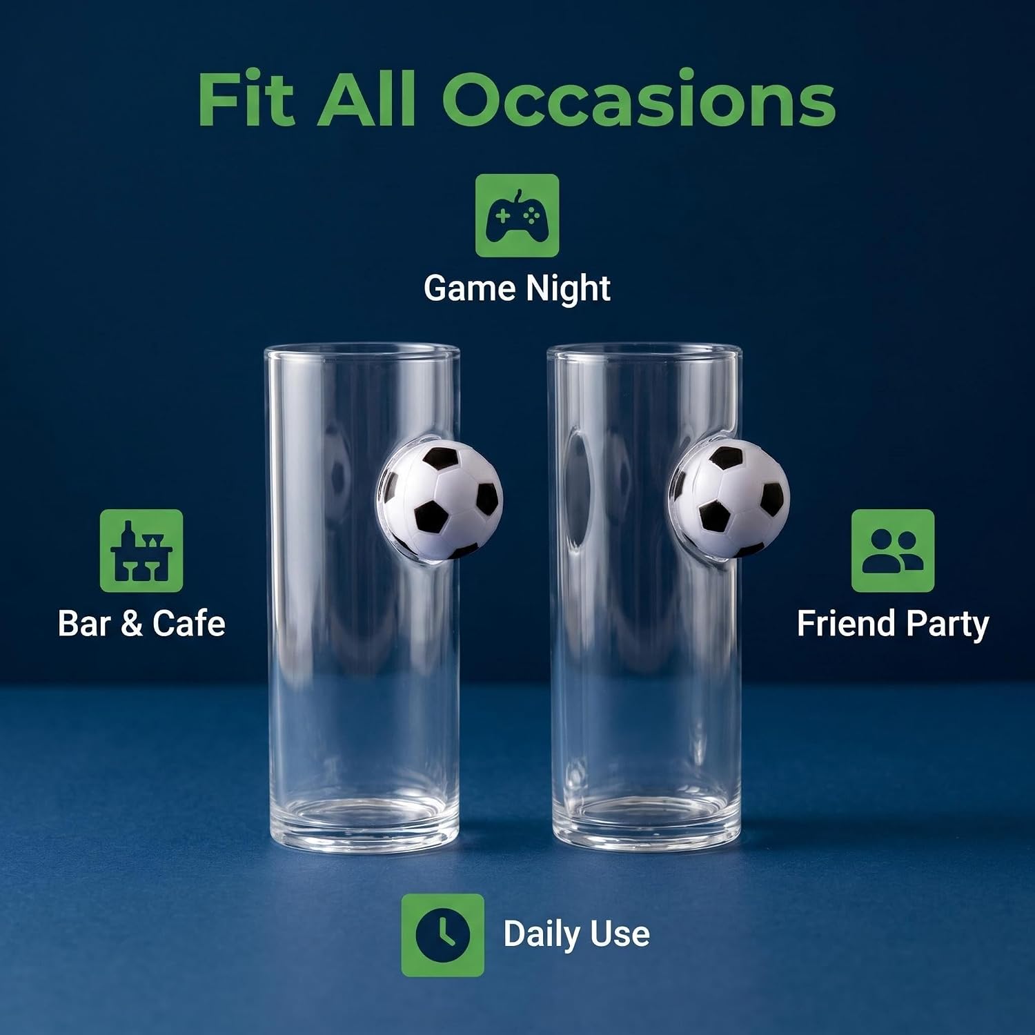 2PS Soccer ball beer glasses (15oz/430ml). Made of high borosilicate glass with embedded football design, World Cup themed. Perfect for beer, soda and sports parties, ideal gift for soccer fans.