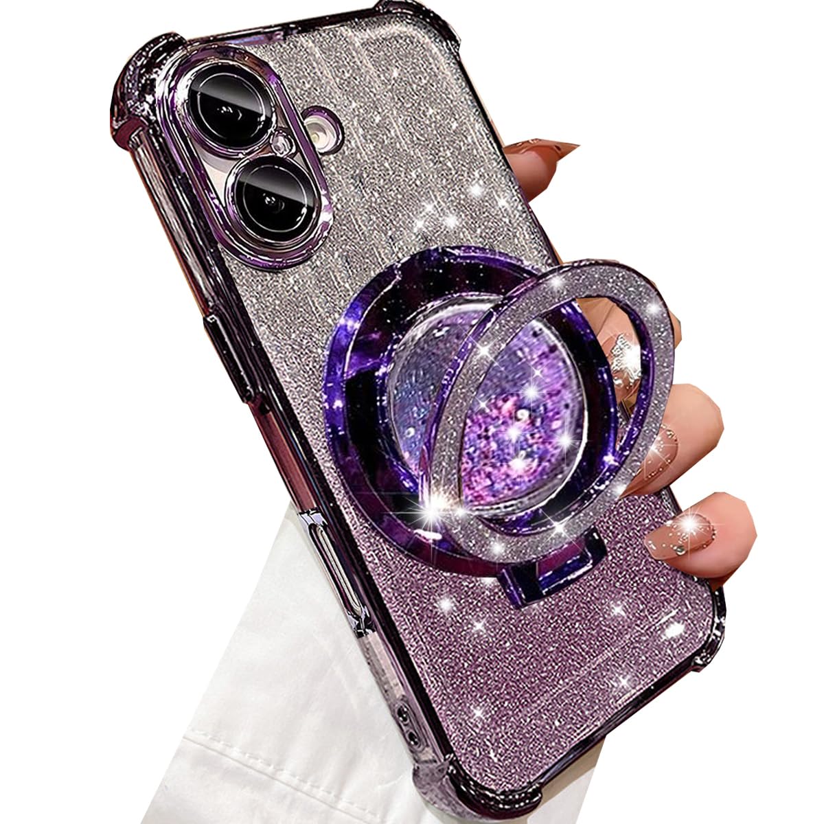 Photo 1 of Changjia Glitter Kickstand Case for iPhone 17,Cute Luxury Bling Sparkly Case with Camera Lens Protector Liquid Flowing Ring Stand Soft TPU Bumper Shockproof Women Girls Cover for iPhone 17 6.3",Purple