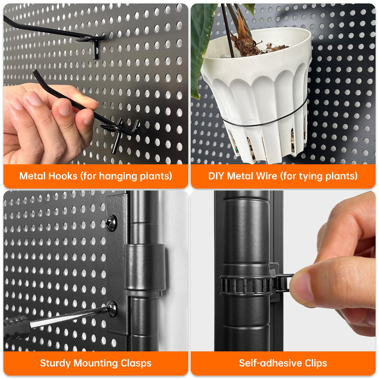 Bstrip Estante para plantas con luz de crecimiento y tablero de clavijas, soporte de metal para plantas con estante ajustable y ruedas, 4 tiras de luz de crecimiento de espectro completo de 24 W para