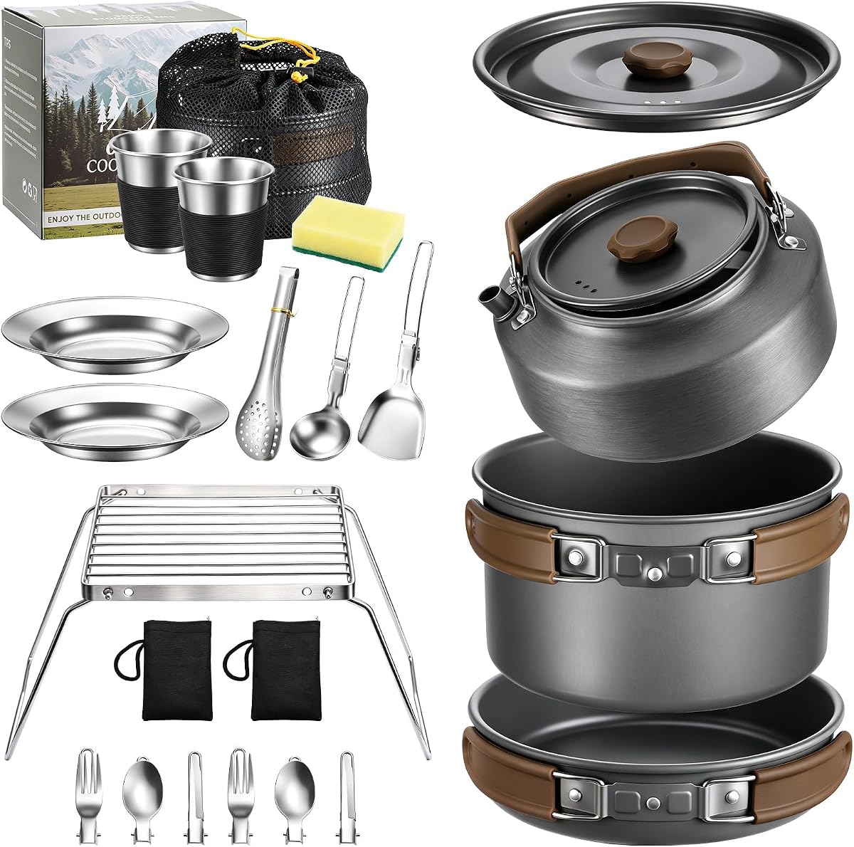 18PCS Camping Cookware Set, Camping Cooking Pot Pan Mess Kit | Camp Cooking Essentials Equipment Accessories with Aluminum Kettle, Grill Grate, Outdoor Open Fire Camping Gear Backpacking