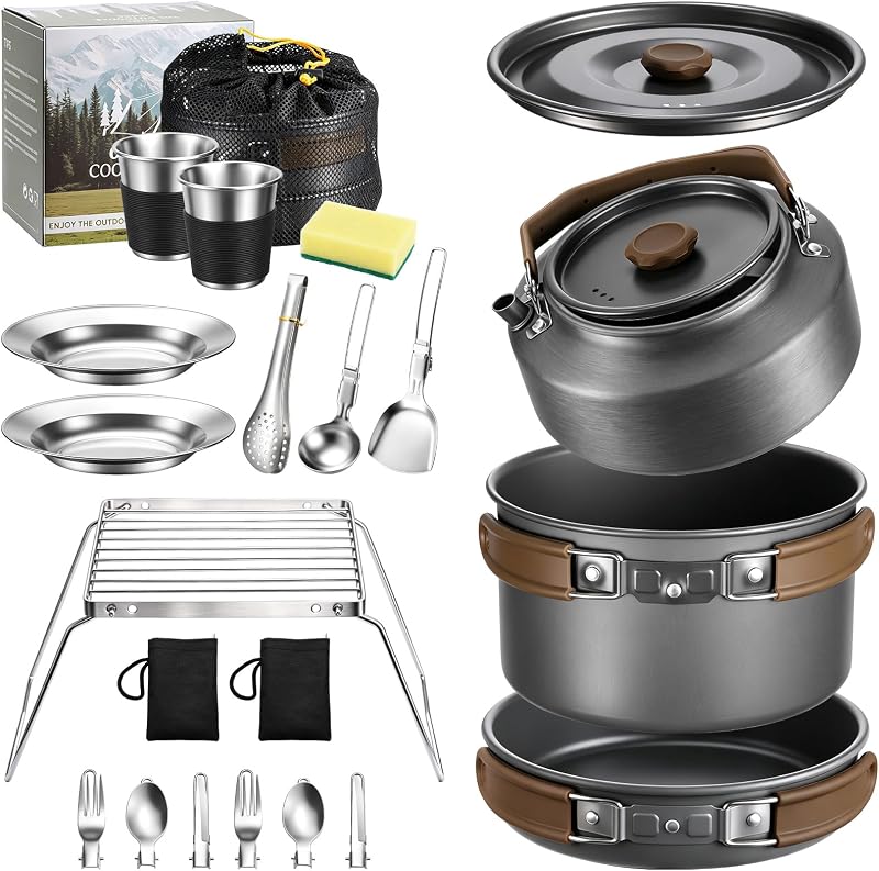 18PCS Camping Cookware Set, Camping Cooking Pot Pan Mess Kit | Camp Cooking Essentials Equipment Accessories with Aluminum Kettle, Grill Grate, Outdoor Open Fire Camping Gear Backpacking