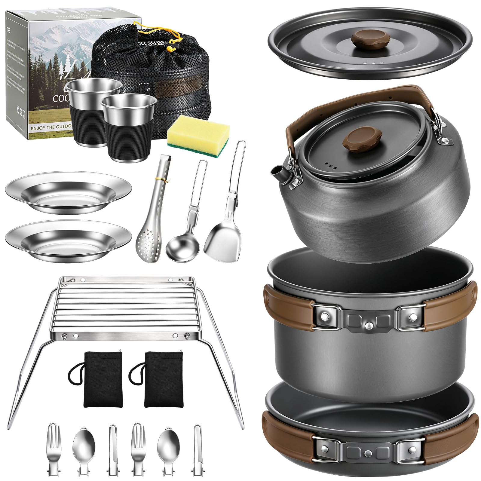 18PCS Camping Cookware Set, Camping Cooking Pot Pan Mess Kit | Camp Cooking Essentials Eq…