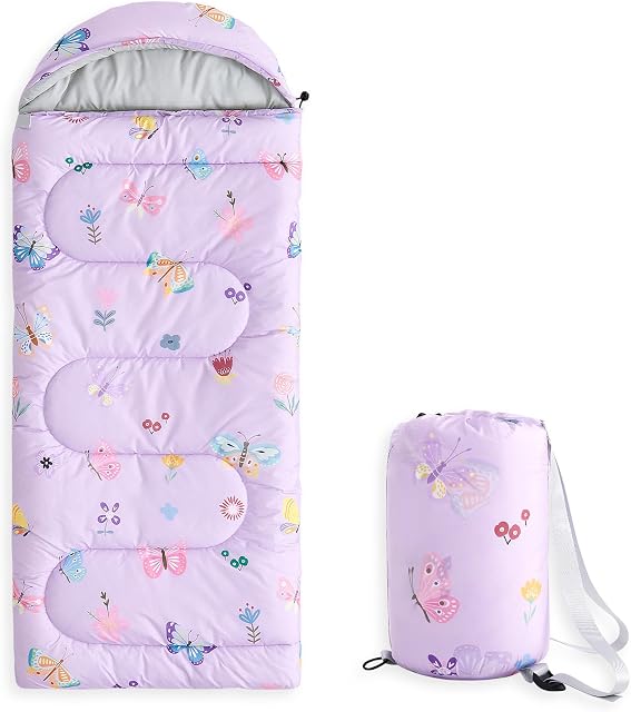 Wake In Cloud - Kids Sleeping Bag for Girls, and Toddlers, Camping in Warm Cold Weather, Backpacking Lightweight Compact Outdoor Liner for 3 Seasons, Butterfly Light Purple