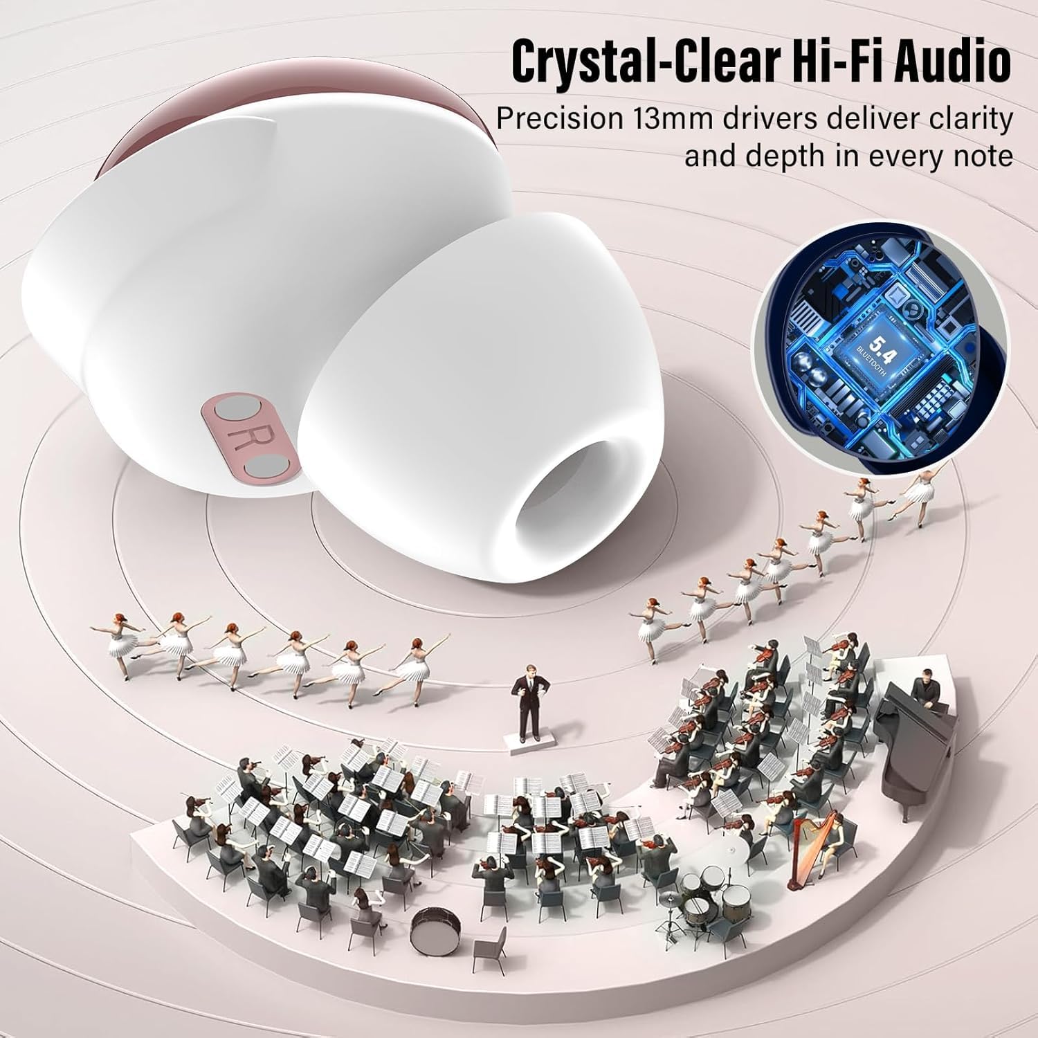 Cuffie Bluetooth, mini cuffie per dormire, 48 ore, Bluetooth 5.4 con touchscreen, 2026, senza fili, con cancellazione del rumore ENC, auricolari IPX7, bassi profondi, polvere di rosa