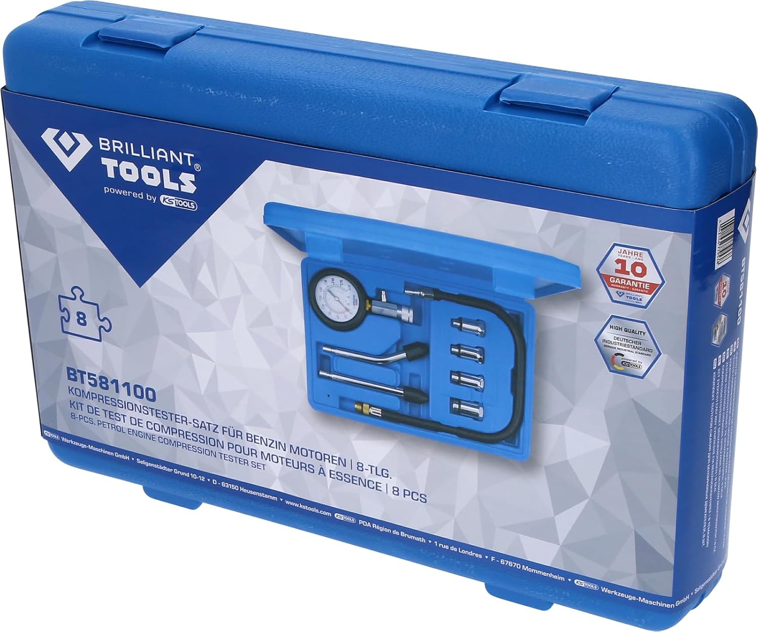 BRILLIANT TOOLS BT581100 Compression Tester Set for Petrol Engines, 8 Pieces [Powered by KS Tools]
