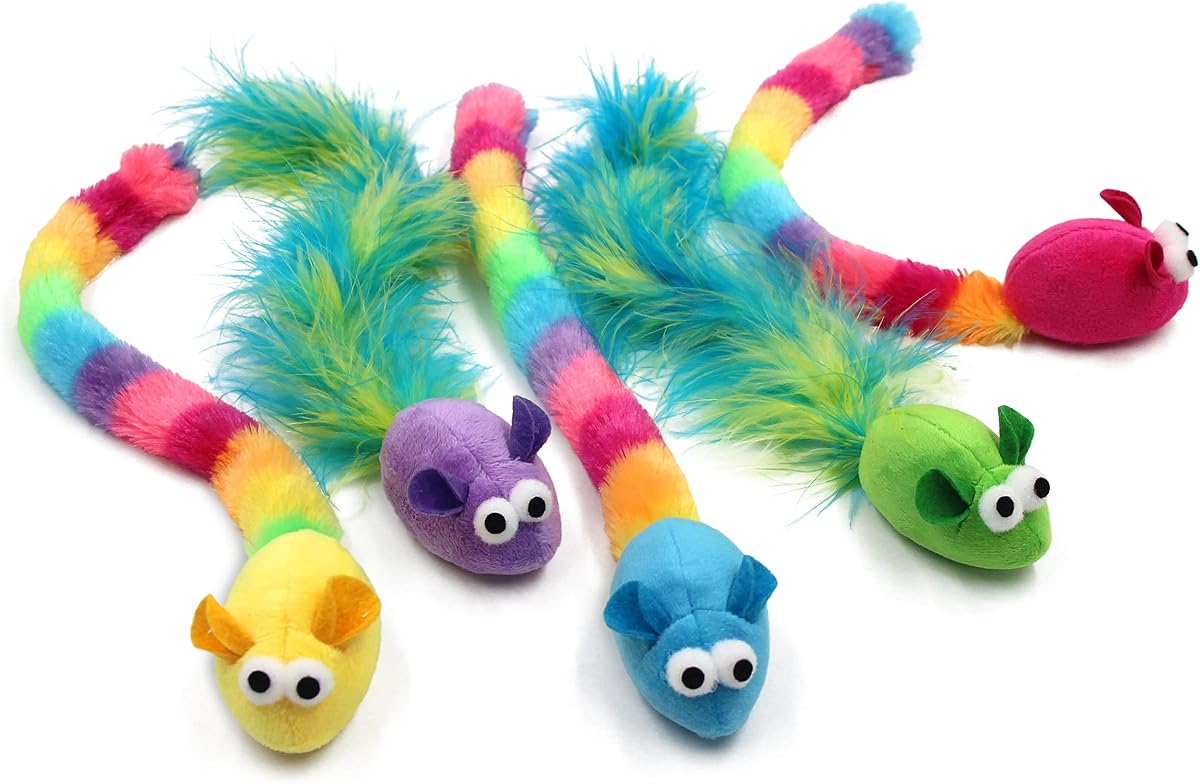 Jumpaws 5 Pack Interactive Catnip and Feather Cat Toys, Multi-Colored Mice with Long Feather Tail, Accessories for Indoor Cat, Catnip Plush Toys with Natural Feathers and Rattles