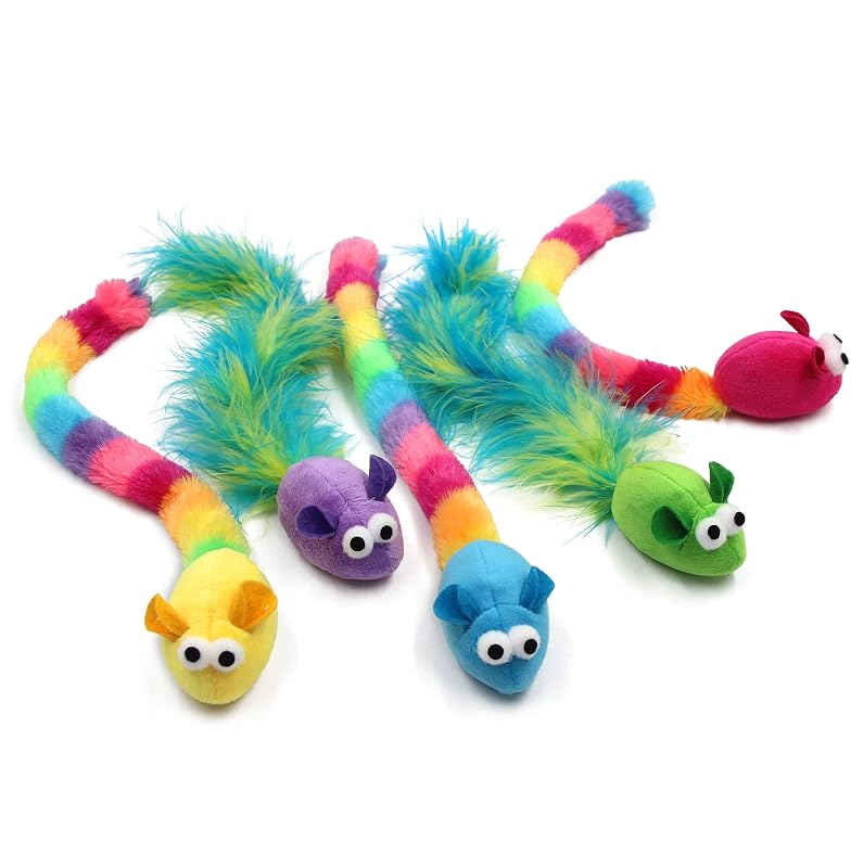Brinquedos para Gatos com Catnip, Ratos de Pelúcia com Caudas de Penas Naturais e Chocalho Jumpaws, Coloridos, Pacote com 5