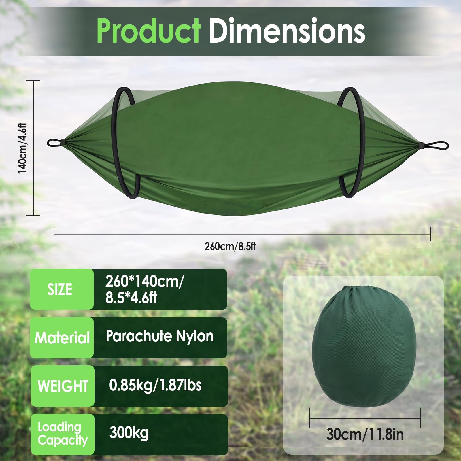 Hängematte 260x140cm, Doppel Hängematte, Moskitonetz, 300kg Tragkraft, Ultraleichte Reise, mit Tragetasche, 2 Premium Karabiner, 2 Schlingen, für Camping, Outdoor und Garten