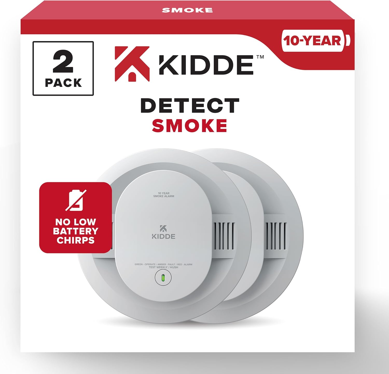 Kidde Smoke Detector, 10-Year Battery Powered, LED Warning Light Indicators, 2 Pack
