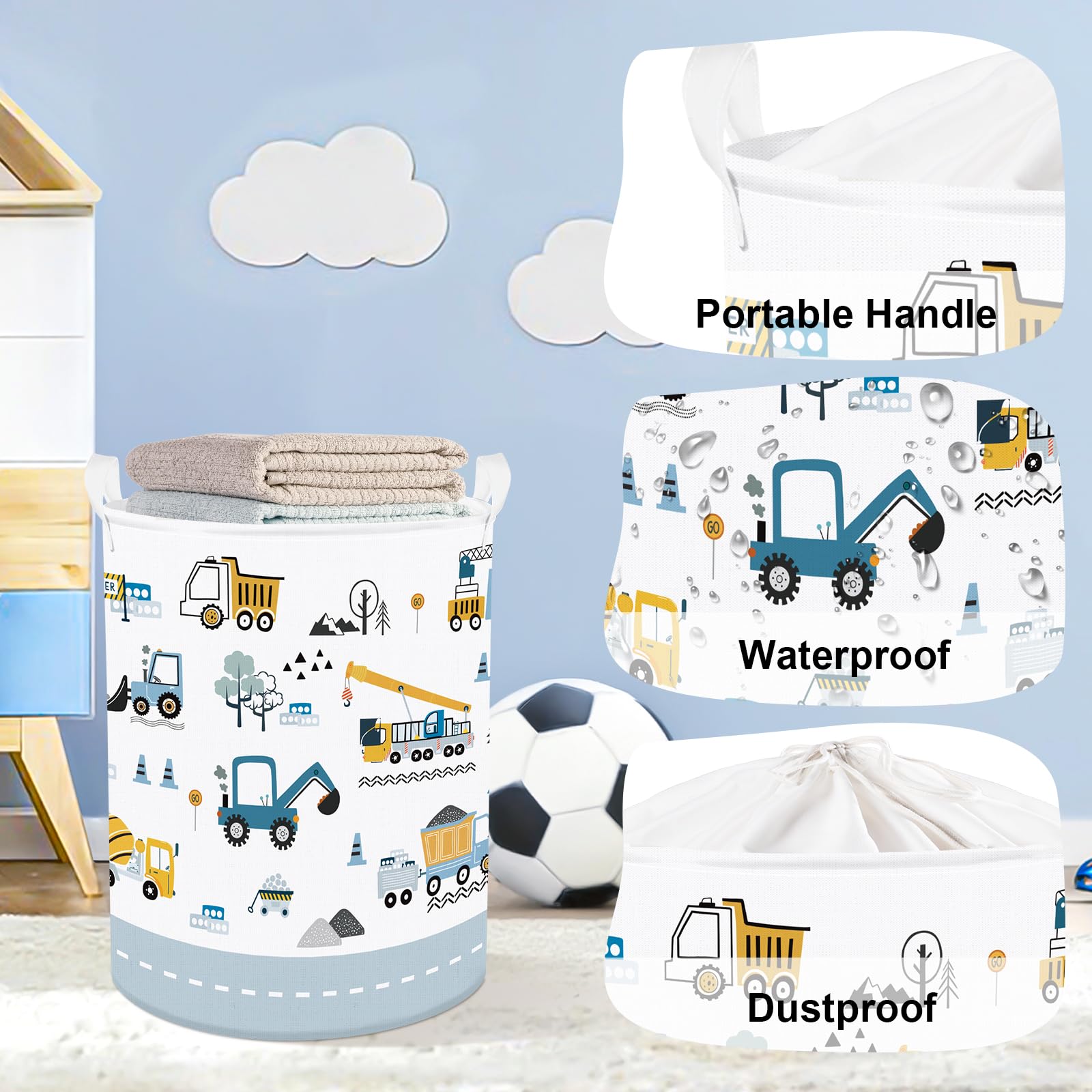 HUUMONSS Cartoon Cars Storage Basket for Parents Organizing Kids Toys Clothes Large Boys Gift Toy Box Bin Laundry Hamper for Bathroom Shower,Crane,63L - Image 4