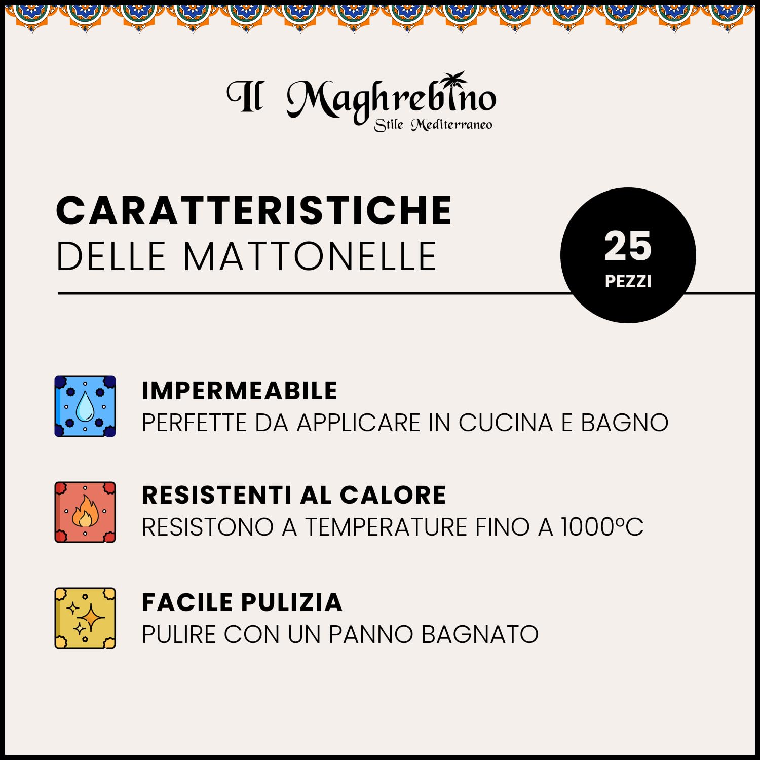 25 Mattonelle Premium Selection in Ceramica Smaltata - Sunset - 10x10 cm spessore 0,6 cm - Mattonelle Tunisine realizzate con Serigrafia Artigianale - Adatte a rivestimento
