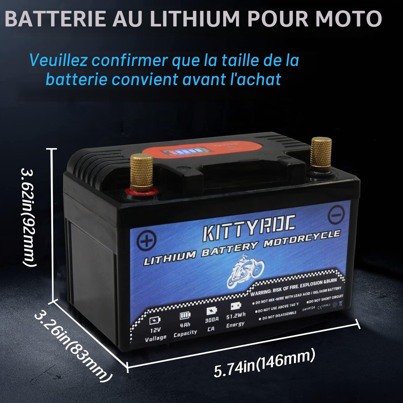 12V Lithium Moto Batteries 4Ah 300A, LiFePO4 Batteries with Smart BMS, Replacement ATV, UTV, Moto, Lawn Mower, Jet Ski, Snowmobile, 4 Wheeler, Tractor, Scooter and Generator Batteries