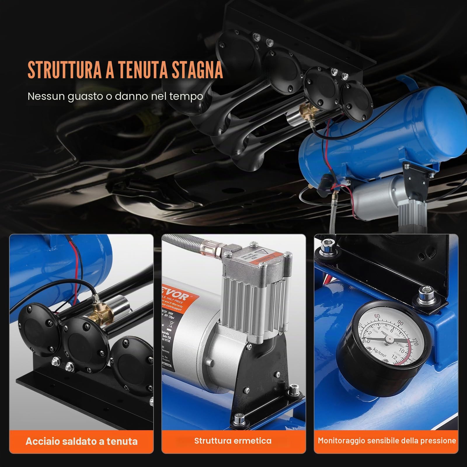 VEVOR Set Clacson da Camion Auto, Set da 4 Trombe Clacson 150 dB per Camioncini, Compressore d'Aria da 12V Pressione 120 PSI, Serbatoio 6 Litri con Manometro per Veicolo a 12V, Camion, Furgone, Barca