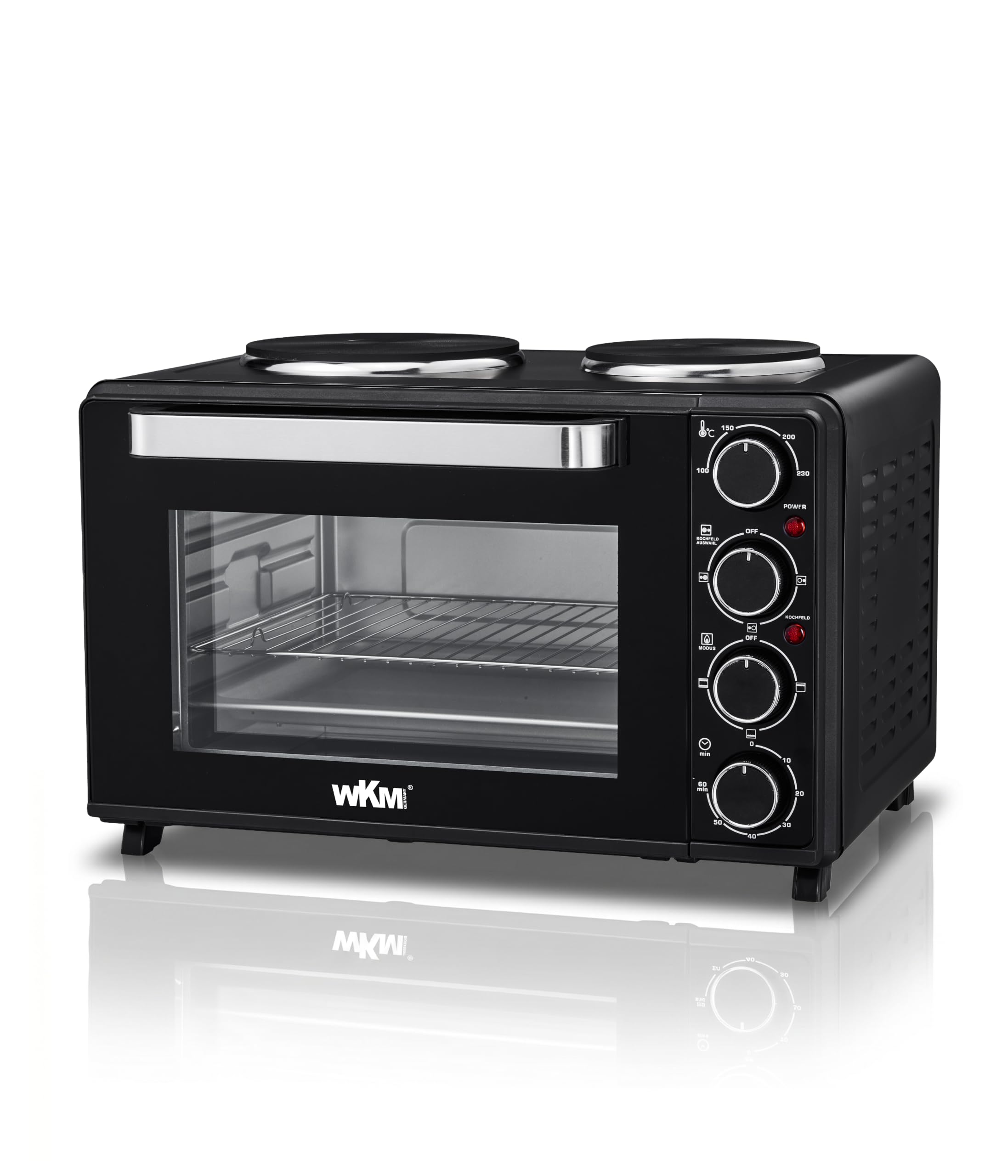 WKM® Mini Backofen mit Kochplatten Schwarz (30L) - 3 Heizprogramme, Innenbeleuchtung & 60 Min Timer - Perfekt für kleine Küchen - Kompakt Backofen Tischbackofen - Deutsches Familienunternehmen