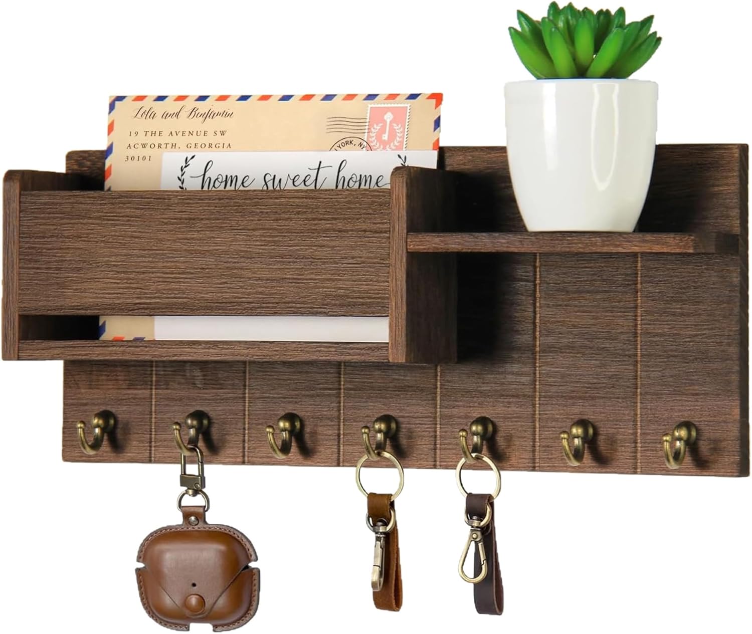Key and Mail Holder for Wall, 12x4.8inch Wooden Mail and Key Organizer with 6 Hooks, Wall Mounted Rack for Storing Letters, Magazines