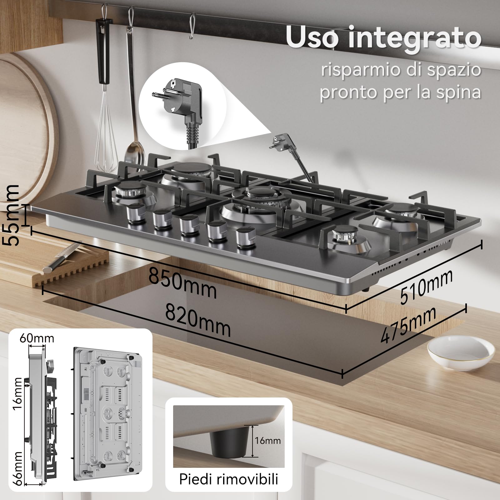 Hermitlux Piano Cottura a Gas 5 Fuochi 85cm da Incasso, per Gas Naturale/Propano, Sicurezza Tramite termocoppia, Acciaio Inossidabile