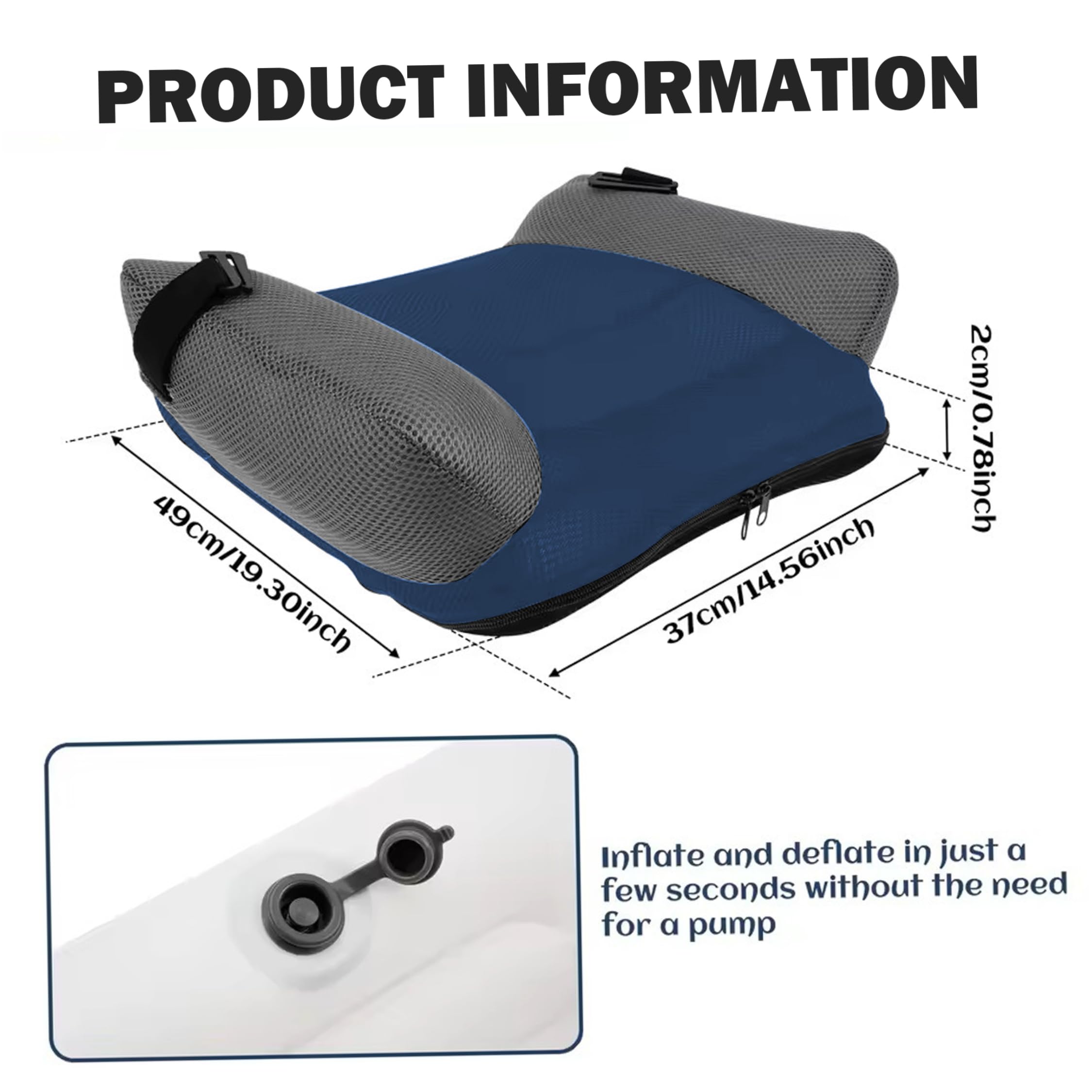 Asiento infantil inflable de inflado rápido azul de 14x19 pulgadas, tela de malla de inflado rápido de boca para viajes familiares por carretera