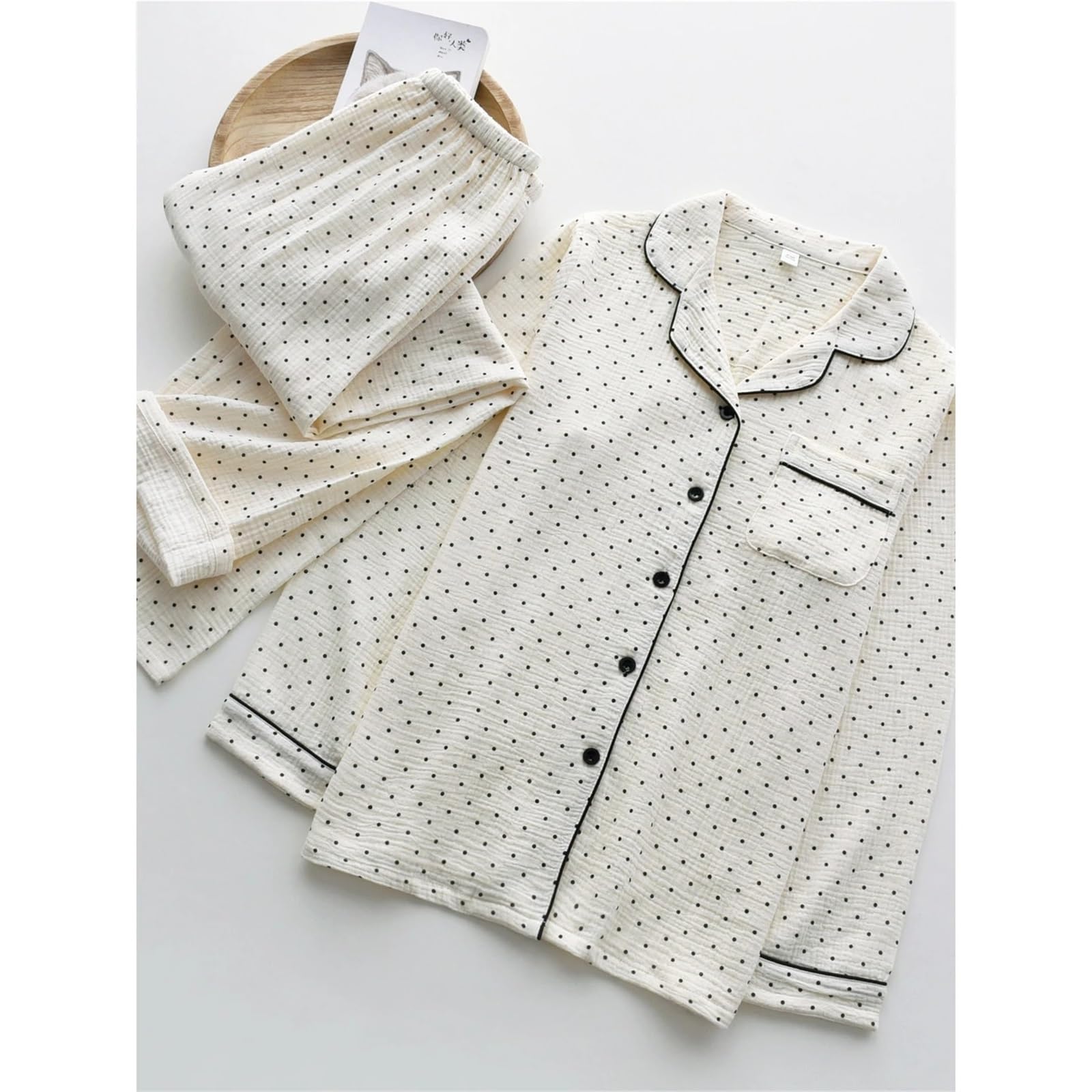 1 Juego de Pijamas Lunares algodón Doble Capa Gasa Suave Manga Larga y Pantalones Ropa Dormir for Primavera Verano para Descanso en casa