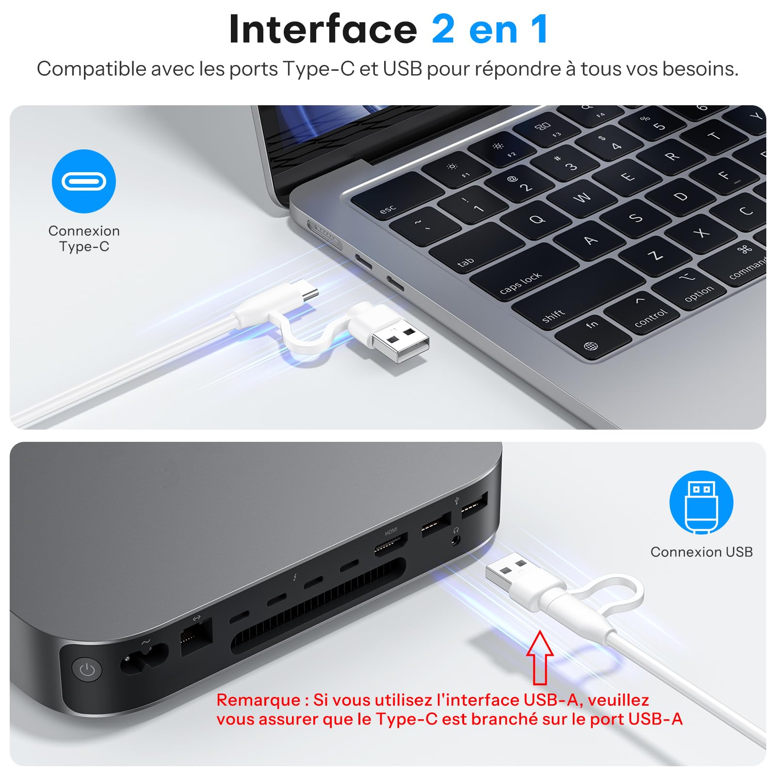 OMOTON Clavier Filaire pour Mac, Câble de Clavier avec Double Port (Type C/USB), AZERTY Français pavé Numérique, Compatible avec Apple Mac Pro/Mini, MacBook Air/Neo, iMac Pro, Argent
