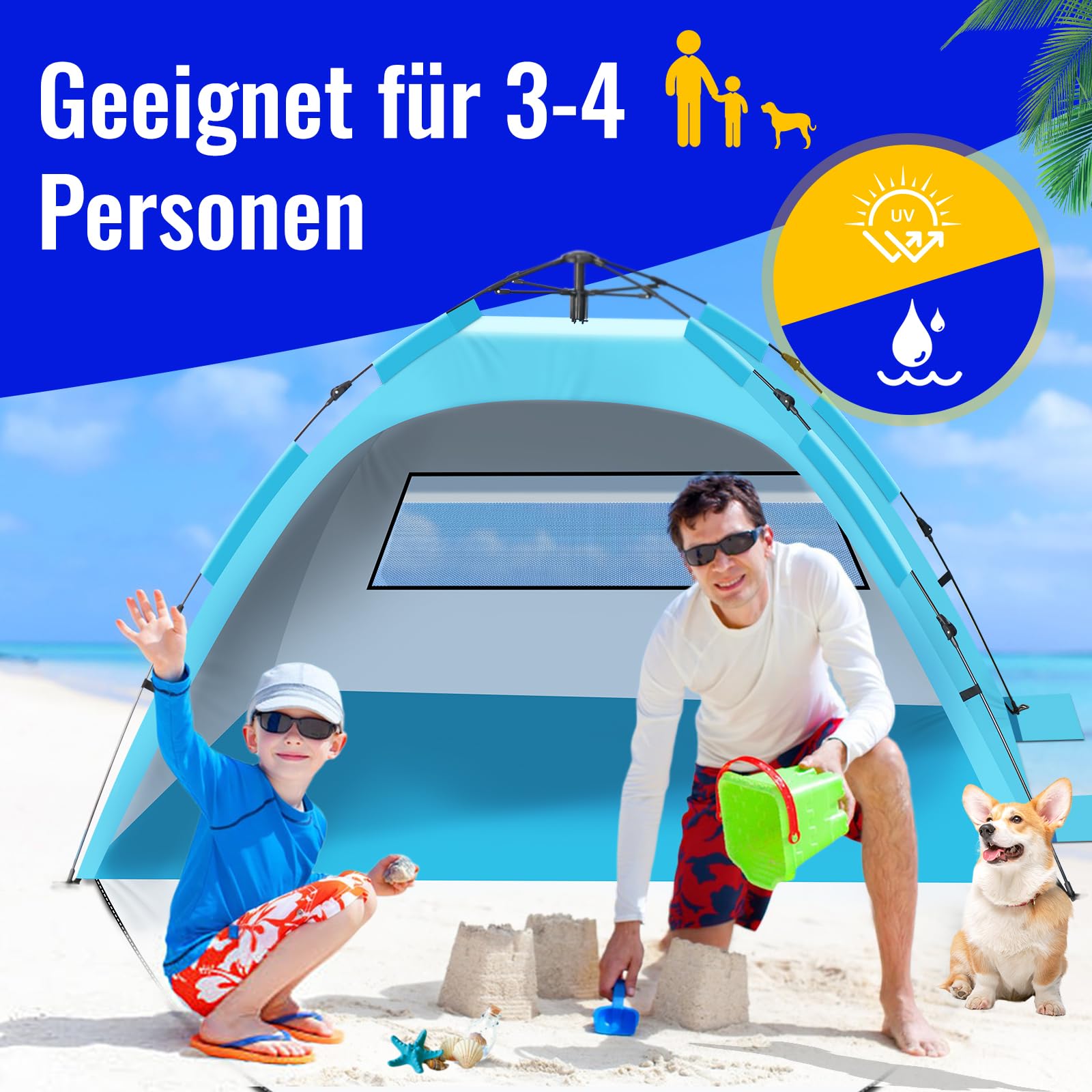 Purebox Strandmuschel, Strandzelt für 2-4 Personen, tragbares automatisches Strandzelt, UV50+ Schutz mit Doppeltüren, Strandmuscheln Geeignet für Familien-Strandcamping, Gartengrill, Wanderzelt