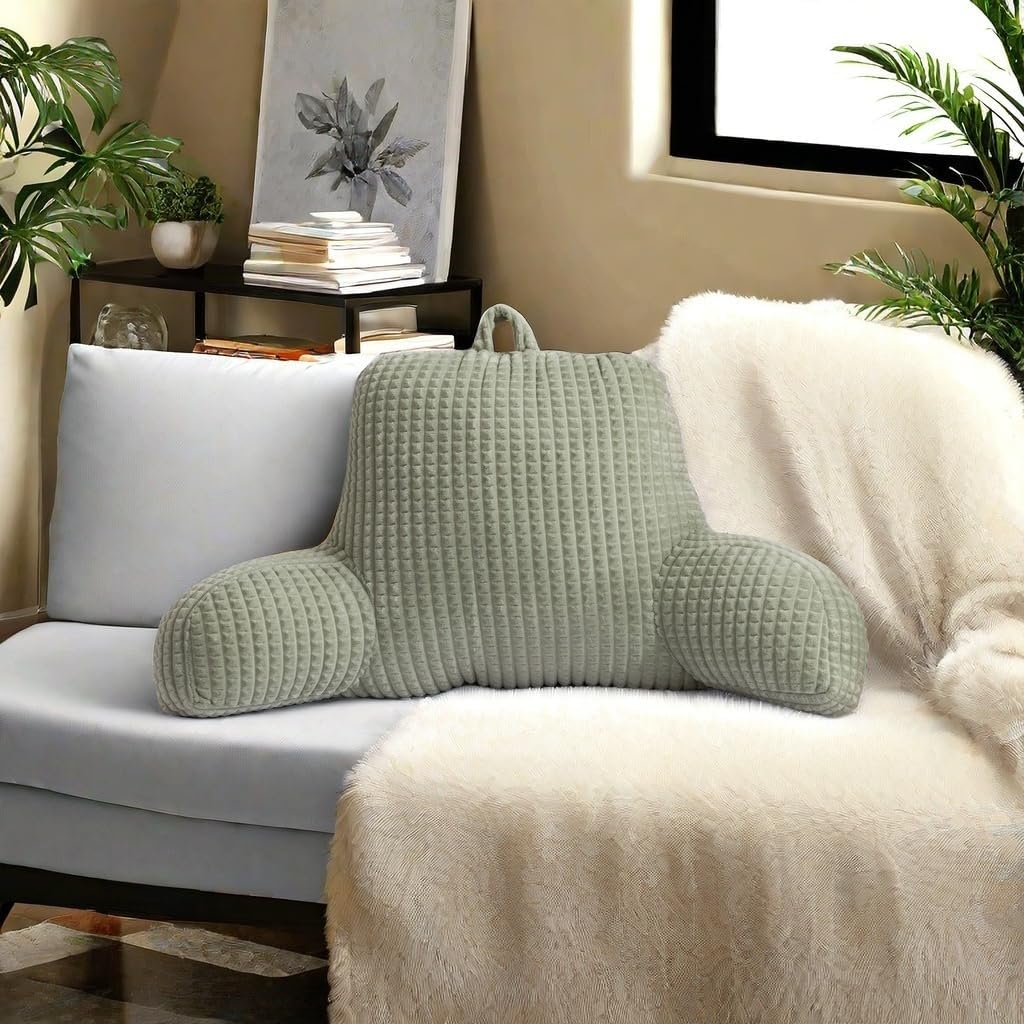 Holawakaka Reading Pillow for Bed and Sofa Couch Sitting Up, Backrest Pillows with Arms for Kids Teens Adults, Back Support Cushion for Lounging, Watching TV, Working on Laptop, Green