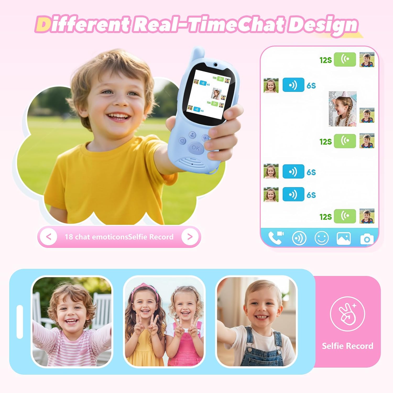 Kids Video Walkie Talkies, 2 Pack Rechargeable Children’s Visual Intercom Toys with LCD Screen, Long Range Two-Way Radio for Indoor Outdoor Games, Birthday Gifts for Boys Girls (Pink & Blue) - Image 3