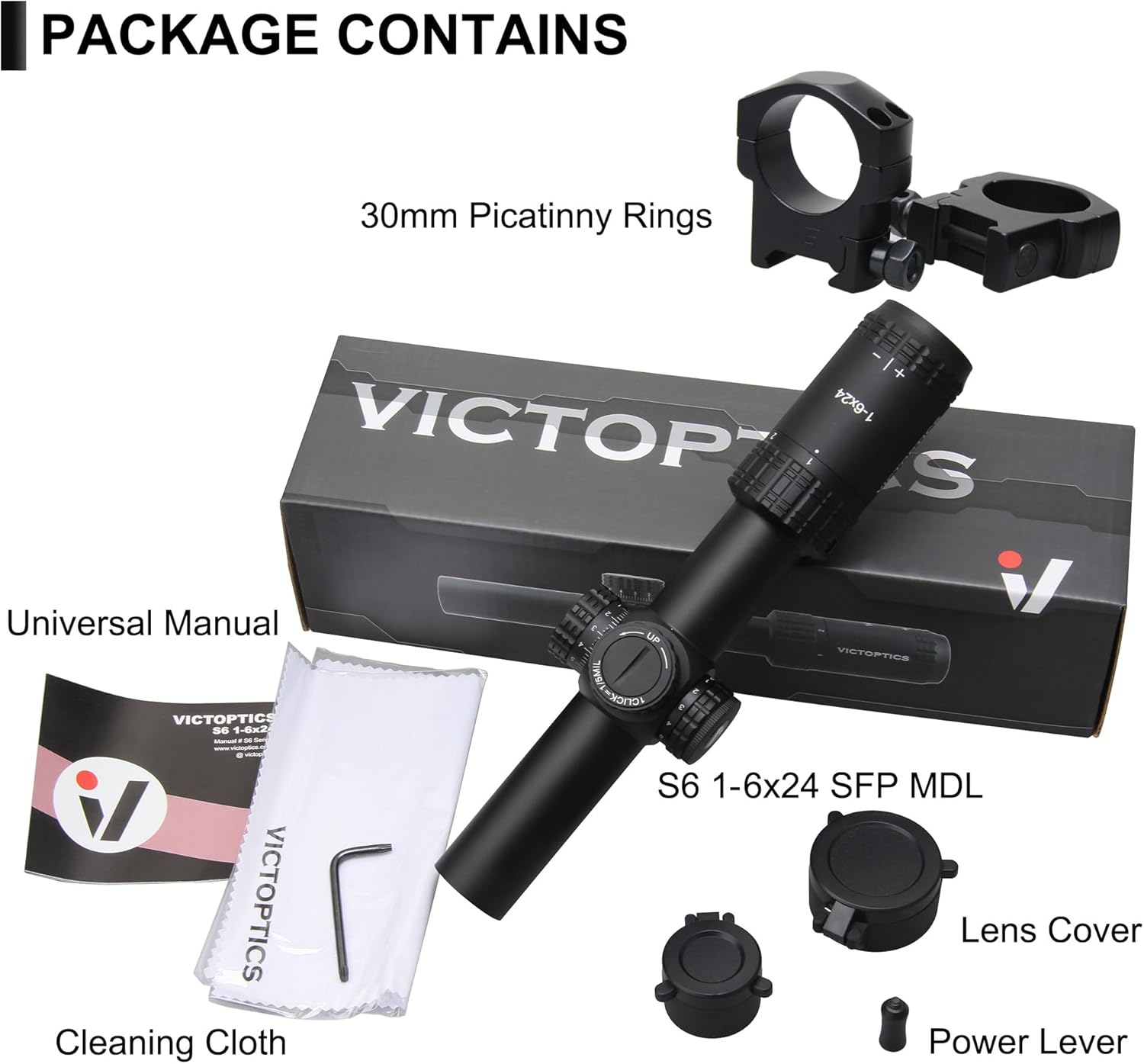 VICTOPTICS 1-6x24 Fiber 30mm Tube Second Focal Plane Riflescope 6 Levels Illuminated MIL Reticle LPVO Rifle Scope Zero Reset Turret Lock w/Weaver Scope Rings for Hunting Shooting Compact